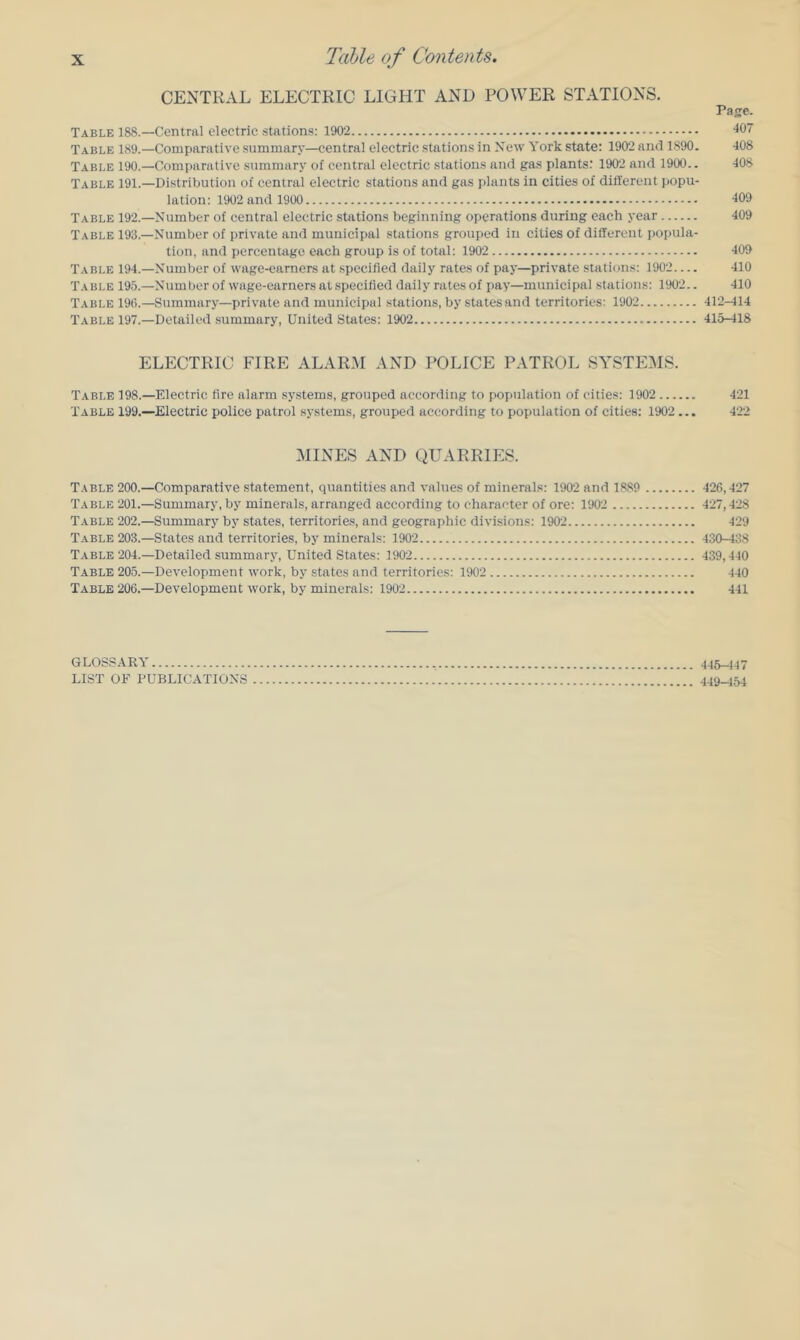 CENTRAL ELECTRIC LIGHT AND POWER STATIONS. Pa^e. Table 188.—Central electric stations: 1902 •*07 Table 189.—Comparative summary—central electric stations in New York state: 1902 and 1890. 408 Table 190.—Comparative summary of central electric stations and gas plants: 1902 and 1900.. 408 Table 191.—Distribution of central electric stations and gas plants in cities of ditlerent popu- lation: 1902 and 1900 ■f09 Table 192.—Number of central electric stations beginning operations during each year 409 Table 193.—Number of private and municipal stations grouped in cities of different popula- tion, and percentage each group is of total: 1902 409 Table 194.—Number of wage-earners at specified daily rates of pay—private stations: 1902 410 Table 195.—Number of wage-earners at specified daily rates of pay—municipal stations: 1902.. 410 Table 190.—Summary—private and municipal stations, by statesand territories: 1902 412—114 Table 197.—Detailed summary. United States: 1902 415-418 ELECTRIC FIRE ALAR.M AND POLICE PATROL SYSTEMS. Table 198.—Electric fire alarm systems, grouped according to population of cities: 1902 421 Table 199.—Electric police patrol systems, grouped according to population of cities: 1902... 422 MINES AND QUARRIES. Table 200.—Comparative statement, quantities and values of minerals: 1902 and 1889 426,427 Table 201.—Summary, by minerals, arranged according to character of ore: 1902 427,428 Table 202.—Summary by states, territories, and geographic divisions: 1902 429 Table 203.—States and territories, by minerals: 1902 430-438 Table 204.—Detailed summary. United States: 1902 439,440 Table 205.—Development work, by states and territories: 1902 440 Table 206.—Development work, by minerals: 1902 441 GLOSSARY LIST OF PUBLICATIONS 446-447 449-454