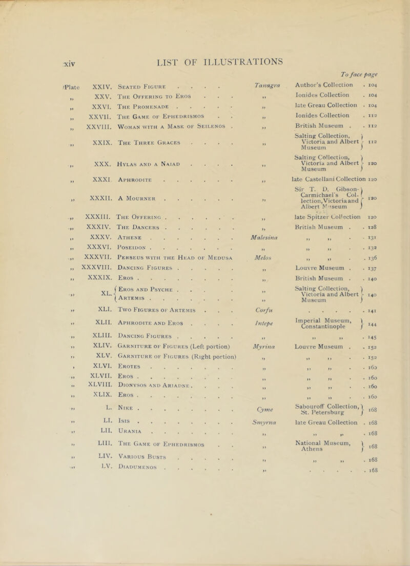 To face page XXIV. Seated Figure .... Tauagra Author’s Collection 104 XXV. The Oefering to Kros t« lonides Collection 104 XXVI. The Promenade M late Greau Collection . 104 XXVII. The Game of Ephedrismos M lonides Collection 112 XXVIII. Woman with a Mask of Seilenos . > y British Museum . Salting Collection, ) V’ictoria and Albert • Museum ) 112 XXIX. The Three Graces .... M 112 Salting Collection, ) V^ictori«t and Albert - Museum ) XXX. Hylas and a Naiad .... 120 XXXI Aphrodite late Castellani Collection 2 20 Sir T. D. Gibson- \ XXXII. A Mourner yy Carmichael's Col- lection,Victoriaand [ Albert ^'■’seum j 120 XXXIII. The Offering yy late Spitzer Gol'ection 120 XXXIV. The Dancers yy British Museum . 128 XXXV. Athene Malesina t» »• • * 131 XXXVI. Poseidon yy It »> • • 132 XXXVII. Perseus with the Head of Medusa Melos M *» • • 136 XXXVIII. Dancing Figures yy Louvre Museum . 137 XXXIX. XL. Eros [ Eros and Psyche ... A yy British Museum . Salting Collection, i Victoria and Albert 140 140 /Artemis , y Museum ) XLI. Two Figures OF Artemis Corfu 141 XLII. Aphrodite and Eros .... / utepe Imperial Museum, ) Constantinople f 144 XLIII. Dancing Figures yy M yy • 145 XLIV. Garniture of Figures (Left portion) Myritia Louvre Museum . 152 XLV. Garniture of Fic;ures (Rigrht portion) yy »» yy • 152 XLVI. Erotes yy »» yy • • 160 XLVII. Eros 160 XLVIII. Dionysos AND Ariadne . yy yy yy • • 160 XLIX. Eros .... yy M »» • • 160 L. Nike .... Cyme .Sabouroff Collection,) St. Petersburg / 168 LI. Smyrna late Greau Collection . 16S LII. Urania yy »» yy 168 LIII. The Game of Ephedrismos National Museum, \ 168 Athens ) LIV. Various Busts yy »1 »» • 168 LV. Diadumenos yy 168