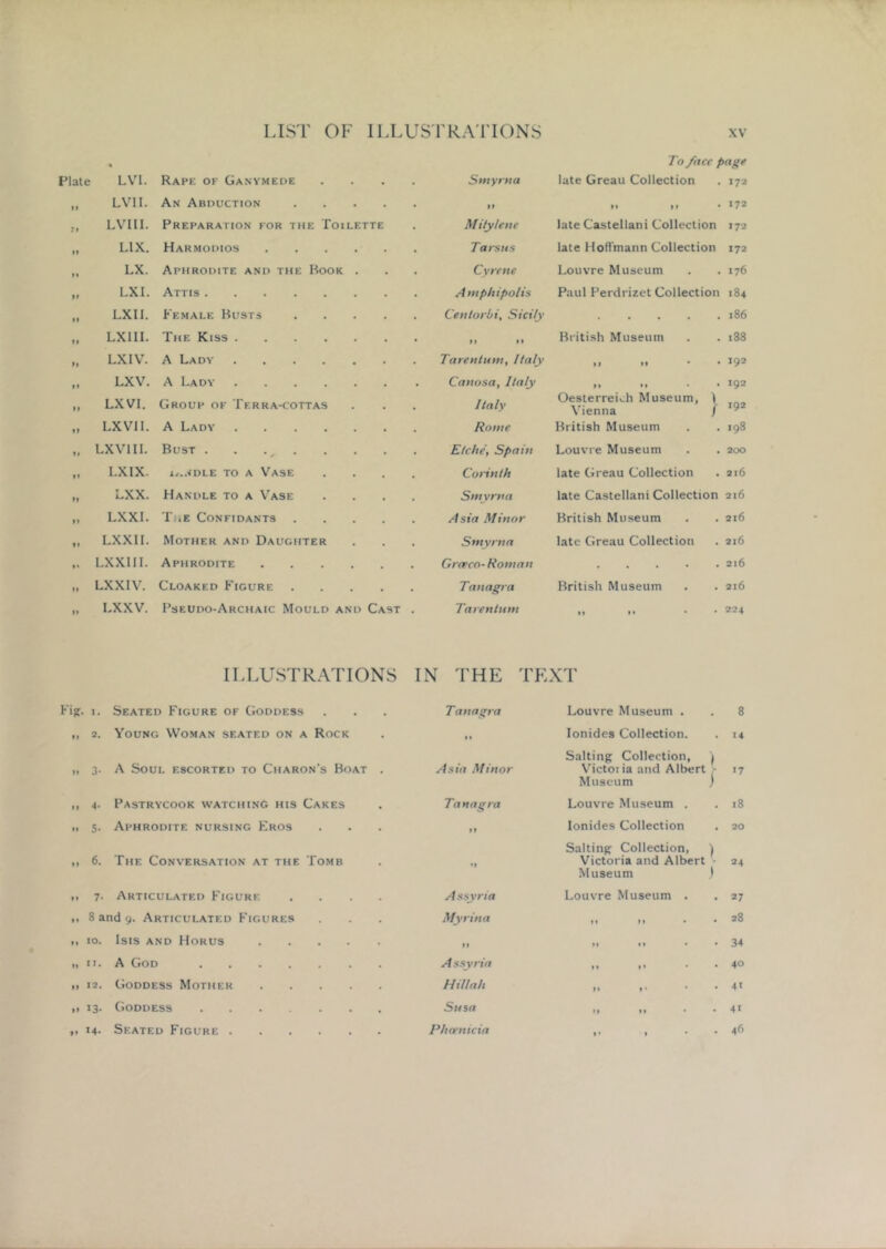 To face pagf late LVl. Rape of Ganymede • Smyrna late Greau Collection . 172 l> LVII. An Abduction II II II . 172 ;i LVIII. Preparation for the Toilette Milyleite late Castellani Collection 172 M LIX. Harmodios Tarsus late Hoffmann Collection 172 M LX. Aphrodite and the Hook Cyrette Louvre Museum 176 ft LX I. Attis Amphipolis Paul Perdrizet Collection 184 *» LXIl. Female Kusts Centorbi, Sicily . . 186 tl LXIII. The Kiss .... II II British Museum 188 M LX IV. A Lady .... Tarentum, Italy ♦ 1 M • . 192 II LXV. A Lady .... Canosa, Italy II , 192 II LX VI. Group of Terra-cottas Italy Oesterreich Museum, Vienna / 192 II LXVII. A Lady .... Rome British Museum 198 II LXVIII. Bust Etche, Spain Louvre Museum . 200 II LXIX. i«..<DLE TO A Vase Corinth late Greau Collection . 216 II LXX. Handle to a Vase Smyrna late Castellani Collection 216 II LXXI. T/iE Confidants Asia Minor British Museum 216 II LXXII. Mother and Daughter Smyrna late Greau Collection . 216 • • LXXIII. Aphrodite Grerco-Roman . . 216 M LX XIV. Cloaked Figure Tanagra British Museum 216 II LXXV. Pseudo-Archaic Mould and Cast Tarentum II II 224 ILLUSTRATIONS IN THE ^ FKXT ig. I. Seated Figure of Goddess Tanagra Louvre Museum . 8 II a. Young Woman seated on a Rock ,, lonides Collection. 14 II 3- A Soul escorted to Charon’s Boat . Asia Minor Salting Collection, ) Victoi ia and Albert Museum ) 17 II 4- Pastrycook watching his Cakes Tanagra Louvre Museum . 18 II 5- Aphrodite nursing Eros II lonides Collection 20 II 6. The Conversation at the Tomb • 1 Salting Collection, ) Victoria and Albert - Museum • 24 II 7- Articulated Figure .... Assyria Louvre Museum . 27 ,, 8 and 9. Articulated Figures Myrina 1 • II • • 28 II 10. Isis and Horus II II II * • 34 II A God Assyria II 11 • ♦ 40 II IS* Goddess Mother Hillah II I • * • 4' II 13- Goddess Susa II 11 • • 41 ». M- Seated Figure Pha’nicia 11 1 • • 46