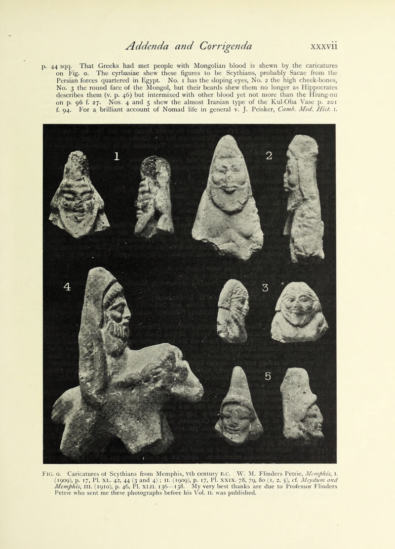 p. 44 sqq. That Greeks had met people with Mongolian blood is shewn by the caricatures on Fig. o. The cyrbasiae shew these figures to be Scythians, probably Sacae from the Persian forces quartered in Egypt. No. i has the sloping eyes, No. 2 the high cheek-bones, No. 3 the round face of the Mongol, but their beards shew them no longer as Hippocrates describes them (v. p. 46) but intermixed with other blood yet not more than the Hiung-nu on p. 96 f. 27. Nos. 4 and 5 shew the almost Iranian type of the Kul-Oba Vase p. 201 f. 94. For a brilliant account of Nomad life in general v. J. Peisker, Camb. Mod. Hist. 1. i ‘. in i ::: ’ 1 M\ f 3b;,,- ' qV Jp9 w\a y m W ^ m W vV m Fig. o. Caricatures of Scythians from Memphis, Vth century B.c. W. M. Flinders Petrie, Memphis, I. (1909), p. 17, PI. XL. 42, 44 (3 and 4); II. (1909), p. 17, PI. XXIX. 78, 79, 80 (1, 2, 5), cf. Mcydum and Memphis, in. (1910), p. 46, PI. XLii. 136—138. My very best thanks are due to Professor Flinders Petrie who sent me these photographs before his Vol. II. was published.