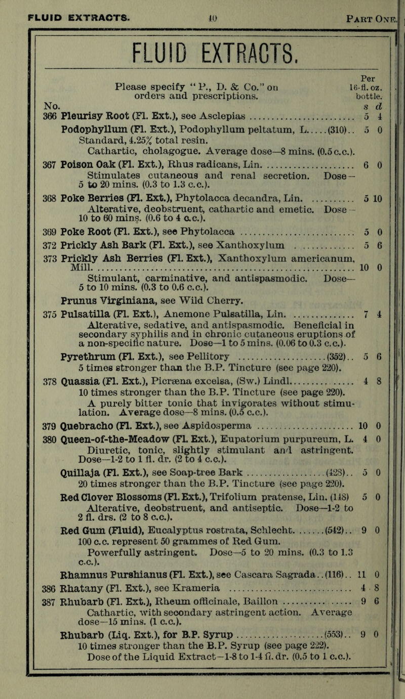 FLUID EXTRACTS. Per Please specify “P., D. & Co.” on oz. orders and prescriptions. bottle. No. s d 366 Pleurisy Root (FI. Ext.), see Asclepias 5 1 Podophyllum (FI. Ext.), Podophyllum peltatum, L (310).. 5 0 Standard, 1.25% total resin. Cathartic, cholagogue. Average dose—8 mins. (0.5 c.c.). 367 Poison Oak (FI. Ext.), Rhus radicans, Lin 6 0 Stimulates cutaneous and renal secretion. Dose— 5 to 20 mins. (0.3 to 1.3 c.c.). 368 Poke Berries (FI. Ext.), Phytolacca decandra, Lin 5 10 Alterative, deobstruent, cathartic and emetic. Dose 10 to 60 mins. (0.6 to 4 c.c.). 369 Poke Root (FI. Ext.), see Phytolacca 5 0 372 Prickly Ash Bark (FI. Ext.), see Xanthoxylum 5 6 373 Prickly Ash Berries (FI. Ext.), Xanthoxylum americanum, Mill 10 0 Stimulant, carminative, and antispasmodic. Dose— 5 to 10 mins. (0.3 to 0.6 c.c.). Prunus Virginiana, see Wild Cherry. 375 Pulsatilla (FI. Ext.), Anemone Pulsatilla, Lin 7 4 Alterative, sedative, and antispasmodic. Beneficial in secondary syphilis and in chronic cutaneous eruptions of a non-specific nature. Dose—1 to 5 mins. (0.06 to 0.3 c.c.). Pyrethrum (FI. Ext.), see Pellitory (352).. 5 6 5 times stronger than the B.P. Tincture (see page 220). 378 Quassia (FI. Ext.), Picraena excelsa, (Sw.) Lindl 4 8 10 times stronger than the B.P. Tincture (see page 220). A purely bitter tonic that invigorates without stimu- lation. Average dose—8 mins. (0.5 c.c.). 379 Quebracho (FI. Ext.), see Aspidosperma 10 0 380 Queen-of-the-Meadow (FI. Ext.), Eupatorium purpureum, L. 4 0 Diuretic, tonic, slightly stimulant and astringent. Dose—1-2 to 1 fl. dr. (2 to 4 c.c.). Quillaja (Fl. Ext.), see Soap-tree Bark (428).. 5 0 20 times stronger than the B.P. Tincture (see page 220). Red Clover Blossoms (Fl. Ext.), Trifolium pratense, Lin. (148) 5 0 Alterative, deobstruent, and antiseptic. Dose—1-2 to 2 fl. drs. (2 to 8 c.c.). Red Gum (Fluid), Eucalyptus rostrata, Schlecht. ..— (542).. 9 0 100 c.c. represent 50 grammes of Red Gum. Powerfully astringent. Dose—5 to 20 mins. (0.3 to 1.3 c.c.). Rhamnus Purshianus (Fl. Ext.), see Cascara Sagrada.. (116).. 11 0 386 Rhatany (Fl. Ext.), see Krameria 4 8 387 Rhubarb (Fl. Ext.), Rheum officinale, Bailion 9 6 Cathartic, with secondary astringent action. Average dose—15 mins. (1 c.c.). Rhubarb (Liq. Ext.), for B.P. Syrup (553).. 9 0 10 times stronger than the B.P. Syrup (see page 222).