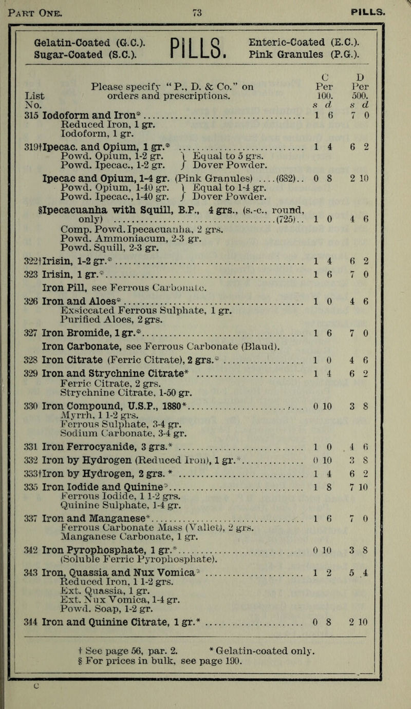 Gelatin-Coated (G.C.). Pi I I Q Enteric-Coated (E.C.). Sugar-Coated (S.C.). I ILLU. Pink Granules (P.G.). C D Please specify “P., D. & Co.” on Per Per List orders and prescriptions. 100. 500. No. s d s d 315 Iodoform and Iron* l 6 7 0 Reduced Iron, 1 gr. Iodoform, 1 gr. 319tlpecac. and Opium, 1 gr.* l 4 6 2 Powd. Opium, 1-2 gr. \ Equal to 5 grs. Powd. Ipecac., 1-2 gr. / Dover Powder. Ipecac and Opium, 1-4 gr. (Pink Granules) .... (682) ..0 8 2 10 Powd. Opium, 140 gr. \ Equal to 14 gr. Powd. Ipecac., 140 gr. / Dover Powder. SIpecacuanha with Squill, B.P., 4 grs., (s.-c., round, only) (725) ..1 0 46 Comp. Powd. Ipecacuanha, 2 grs. Powd. Ammoniacum, 2-3 gr. Powd. Squill, 2-3 gr. 3221 Irisin, 1-2 gr.* 14 6 2 323 Irisin, 1 gr.* 16 7 0 Iron Pill, see Ferrous Carbonate. 326 Iron and Aloes* l 0 4 6 Exsiccated Ferrous Sulphate, 1 gr. Purified Aloes, 2 grs. 327 Iron Bromide, lgr.* 16 7 0 Iron Carbonate, see Ferrous Carbonate (Bland). 328 Iron Citrate (Ferric Citrate), 2 grs.* 1 0 4 6 329 Iron and Strychnine Citrate* l 4 6 2 Ferric Citrate, 2 grs. Strychnine Citrate, 1-50 gr. 330 Iron Compound, U.S.P., 1880* 0 10 3 8 Myrrh, 11-2 grs. Ferrous Sulphate, 34 gr. Sodium Carbonate, 3-4 gr. 331 Iron Ferrocyanide, 3 grs.* 1 0 4 6 332 Iron by Hydrogen (Reduced Iron), 1 gr.* 0 10 3 8 333tIron by Hydrogen, 2 grs. * 1 4 6 2 335 Iron Iodide and Quinine 1 8 7 10 Ferrous Iodide, 11-2 grs. Quinine Sulphate, 1-4 gr. 337 Iron and Manganese* l 6 7 0 Ferrous Carbonate Mass (Vallet), 2 grs. Manganese Carbonate, 1 gr. 342 Iron Pyrophosphate, 1 gr.* 0 10 3 8 (Soluble Ferric Pyrophosphate). 343 Iron, Quassia and Nux Vomica 12 5 .4 Reduced Iron, 11-2 grs. Ext. Quassia, 1 gr. Ext. Nux Vomica, 14 gr. Powd. Soap, 1-2 gr. 344 Iron and Quinine Citrate, 1 gr.* 0 8 2 10 t See page 56, par. 2. * Gelatin-coated only.