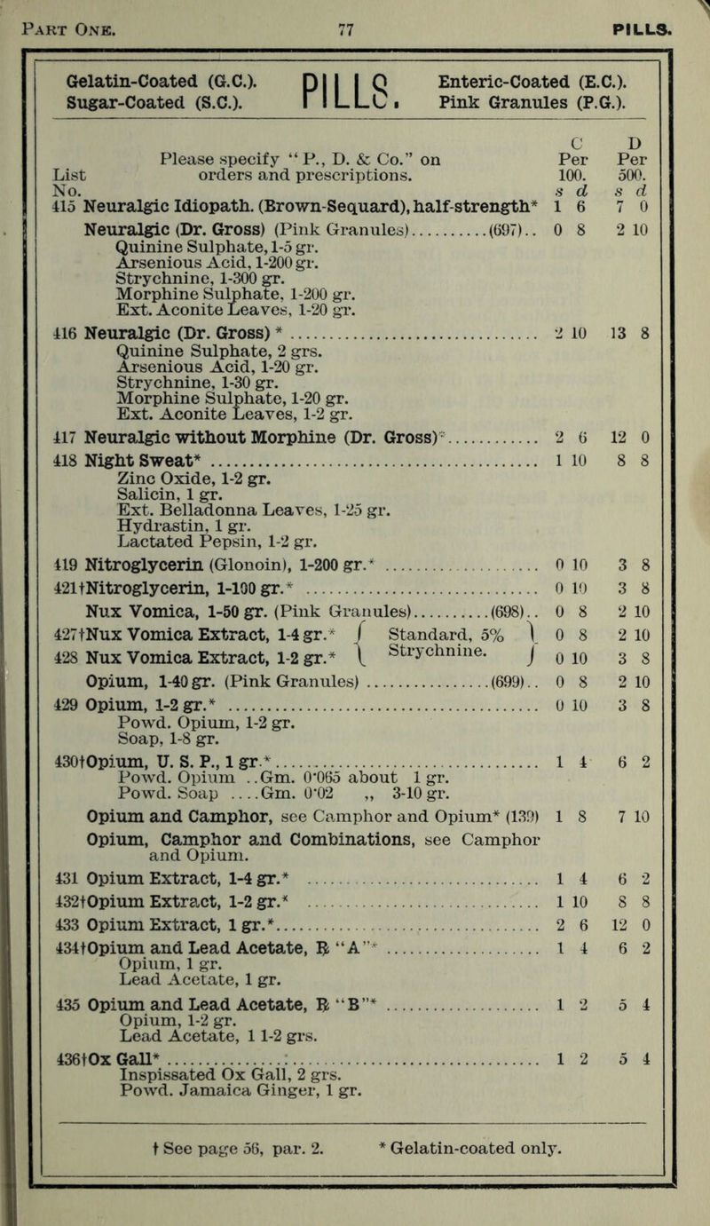 1 Gelatin-Coated (G.C.). D1 1 1 Q Enteric-Coated (E.C.). Sugar-Coated (S.C.). 1 ! L LC . Pink Granules (P.G.). C D Please specify “ P., D. & Co.” on Per Per List orders and prescriptions. 100. 500. No. s d s d 415 Neuralgic Idiopath. (Brown-Sequard), half-strength* 1 6 7 0 Neuralgic (Dr. Gross) (Pink Granules) (697).. Quinine Sulphate, 1-5 gr. Arsenious Acid, 1-200 gr. Strychnine, 1-300 gr. Morphine Sulphate, 1-200 gr. Ext. Aconite Leaves, 1-20 gr. 0 8 2 10 416 Neuralgic (Dr. Gross) * Quinine Sulphate, 2 grs. Arsenious Acid, 1-20 gr. Strychnine, 1-30 gr. Morphine Sulphate, 1-20 gr. Ext. Aconite Leaves, 1-2 gr. 2 10 13 8 417 Neuralgic without Morphine (Dr. Gross) - 2 6 12 0 418 Night Sweat* Zinc Oxide, 1-2 gr. Salicin, 1 gr. Ext. Belladonna Leaves, 1-25 gr. Hydrastin, 1 gr. Lactated Pepsin, 1-2 gr. 1 10 8 8 419 Nitroglycerin (Glonoin), 1-200 gr. * 0 10 3 8 421 tNitroglycerin, 1-100 gr.* 0 10 3 8 Nux Vomica, 1-50 gr. (Pink Granules) (698).. 0 8 2 10 427tNux Vomica Extract, 1-4 gr.* / Standard, 5% \ 0 8 2 10 428 Nux Vomica Extract, 1-2 gr.* \ Strychnine. J 0 10 3 8 Opium, 1-40 gr. (Pink Granules) (699).. 0 8 2 10 429 Opium, 1-2 gr.* Powd. Opium, 1-2 gr. Soap, 1-8 gr. 0 10 3 8 430tOpium, U. S. P., 1 gr * Powd. Opium .. Gm. 0*065 about 1 gr. Powd. Soap Gm. 0*02 ,, 3-10 gr. 1 4 6 2 Opium and Camphor, see Camphor and Opium* (139) Opium, Camphor and Combinations, see Camphor and Opium. 1 8 7 10 431 Opium Extract, 1-4 gr.* 1 4 6 2 432tOpium Extract, 1-2 gr.* 1 10 8 8 433 Opium Extract, lgr.* 2 6 12 0 4341Opium and Lead Acetate, 5 “A”* Opium, 1 gr. Lead Acetate, 1 gr. 1 4 6 2 435 Opium and Lead Acetate, B k4B”* Opium, 1-2 gr. Lead Acetate, 11-2 grs. 1 2 5 4 436tOx Gall* Inspissated Ox Gall, 2 grs. Powd. Jamaica Ginger, 1 gr. 1 2 5 4