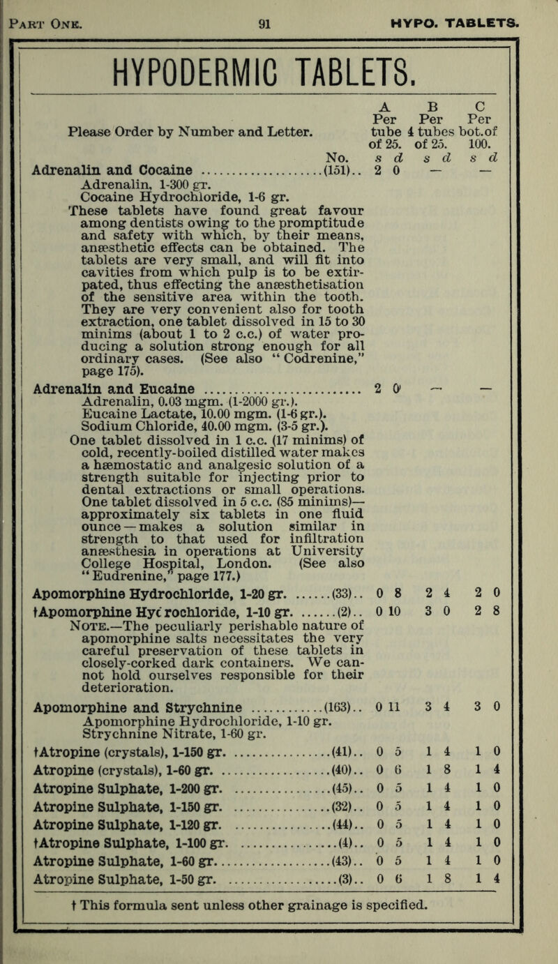 HYPODERMIC TABLETS. Please Order by Number and Letter. ABC Per Per Per tube 4 tubes bot.of No. of 25. d of 25. d 100. Adrenalin and Cocaine (151).. 2 0 — — Adrenalin, 1-300 gr. Cocaine Hydrochloride, 1-6 gr. These tablets have found great favour among dentists owing to the promptitude and safety with which, by their means, anaesthetic effects can be obtained. The tablets are very small, and will fit into cavities from which pulp is to be extir- pated, thus effecting the ansesthetisation of the sensitive area within the tooth. They are very convenient also for tooth extraction, one tablet dissolved in 15 to 30 minims (about 1 to 2 c.c.) of water pro- ducing a solution strong enough for all ordinary cases. (See also “ Codrenine,” page 175). Adrenalin and Eucaine 2 O' — — Adrenalin, 0.03 mgm. (1-2000 gr.). Eucaine Lactate, 10.00 mgm. (1-6 gr.). Sodium Chloride, 40.00 mgm. (3-5 gr.). One tablet dissolved in 1 c.c. (17 minims) of cold, recently-boiled distilled water makes a hsemostatic and analgesic solution of a strength suitable for injecting prior to dental extractions or small operations. One tablet dissolved in 5 c.c. (85 minims)— approximately six tablets in one fluid ounce —makes a solution similar in strength to that used for infiltration anaesthesia in operations at University College Hospital, London. (See also “ Eudrenine, page 177.) Apomorphine Hydrochloride, 1-20 gr (33) ..0 8 2 4 2 0 tApomorphine Hyc rochloride, 1-10 gr (2).. 0 10 3 0 2 8 Note.—The peculiarly perishable nature of apomorphine salts necessitates the very careful preservation of these tablets in closely-corked dark containers. We can- not hold ourselves responsible for their deterioration. Apomorphine and Strychnine (163).. 0 11 3 4 3 0 Apomorphine Hydrochloride, 1-10 gr. Strychnine Nitrate, 1-60 gr. tAtropine (crystals), 1-150 gr (41).. 0 5 1 4 1 0 Atropine (crystals), 1-60 gr (40).. 0 6 1 8 1 4 Atropine Sulphate, 1-200 gr (45).. 0 5 1 4 1 0 Atropine Sulphate, 1-150 gr (32).. 0 5 1 4 1 0 Atropine Sulphate, 1-120 gr (44).. 0 5 1 4 1 0 tAtropine Sulphate, 1-100 gr (4).. 0 5 1 4 1 0 Atropine Sulphate, 1-60 gr (43).. 0 5 1 4 1 0 Atropine Sulphate, 1-50 gr (3).. 0 6 1 8 1 4