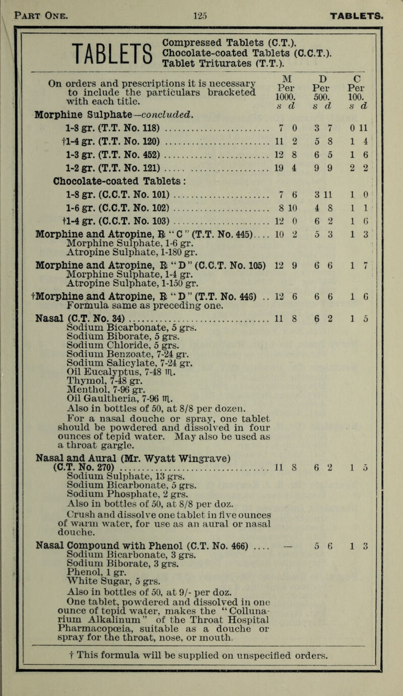 t a n i i—rn Compressed Tablets (C.T.). I A K r I S Chocolate-coated Tablets (C.C.T.). inuLL,C Tablet Triturates (T.T.). On orders and prescriptions it is necessary to include the particulars bracketed with each title. Morphine Sulphate—concluded. M Per 1000. s d D Per 500. s d C Per 100. s d 1-8 gr. (T.T. No. 118) 7 0 3 7 0 11 11-4 gr. (T.T. No. 120) 11 2 5 8 1 4 1-3 gr. (T.T. No. 452) 12 8 6 5 1 6 1-2 gr. (T.T. No. 121) Chocolate-coated Tablets : 19 4 9 9 2 2 1-8 gr. (C.C.T. No. 101) 7 6 3 11 1 0 1-6 gr. (C.C.T. No. 102) 8 10 4 8 1 1 tl-4 gr. (C.C.T. No. 103) 12 0 6 2 1 6 Morphine and Atropine, Ifc “ C ” (T.T. No. 445) .... Morphine Sulphate, 1-6 gr. Atropine Sulphate, 1-180 gr. 10 2 5 3 1 3 Morphine and Atropine, “D” (C.C.T. No. 105) Morphine Sulphate, 1-4 gr. Atropine Sulphate, 1-150 gr. 12 9 6 6 1 7 tMorphine and Atropine, $ “ D ” (T.T. No. 443) .. Formula same as preceding one. 12 6 6 6 1 6 Nasal (C.T. No. 34) 11 8 6 2 1 5 Sodium Bicarbonate, 5 grs. Sodium Biborate, 5 grs. Sodium Chloride, 5 grs. Sodium Benzoate, 7-24 gr. Sodium Salicylate, 7-24 gr. Oil Eucalyptus, 7-48 ill. Thymol, 7-48 gr. Menthol, 7-96 gr. Oil Gaultheria, 7-96 lit. Also in bottles of 50, at 8/8 per dozen. For a nasal douche or spray, one tablet should be powdered and dissolved in four ounces of tepid water. May also be used as a throat gargle. Nasal and Aural (Mr. Wyatt Wingrave) (C.T. No. 270) 11 8 6 2 1 5 Sodium Sulphate, 13 grs. Sodium Bicarbonate, 5 grs. Sodium Phosphate, 2 grs. Also in bottles of 50, at 8/8 per doz. Crush and dissolve one tablet in live ounces of warm water, for use as an aural or nasal douche. Nasal Compound with Phenol (C.T. No. 466) .... — 5 6 1 3 Sodium Bicarbonate, 3 grs. Sodium Biborate, 3 grs. Phenol, 1 gr. White Sugar, 5 grs. Also in bottles of 50, at 9/- per doz. One tablet, powdered and dissolved in one ounce of tepid water, makes the “ Colluna- riurn Alkalinum” of the Throat Hospital Pharmacopoeia, suitable as a douche or spray for the throat, nose, or mouth