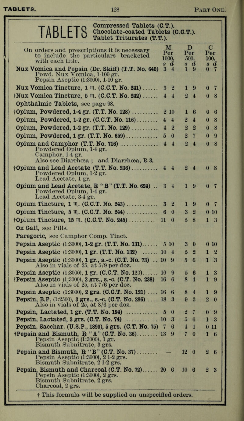 “t a n i rm Compressed Tablets (C.T.). An MS Chocolate-coated Tablets (C.C.T.). 1 HULL. 1 U Tablet Triturates (T.T.). On orders and prescriptions it is necessary M Per 1000. s d D Per 500. 8 d C Per 100. s d to include the particulars bracketed with each title. Nux Vomica and Pepsin (Dr. Skiff) (T.T. No. 640) 3 4 1 9 0 7 Powd. Nux Vomica, 1-100 gr. Pepsin Aseptic (1:3000), 1-10 gr. Nux Vomica Tincture, 1 rri. (C.C.T. No. 241) 3 2 1 9 0 7 tNux Vomica Tincture, 5 in. (C.C.T. No. 242) 4 4 2 4 0 8 Ophthalmic Tablets, see page 98. fOpium, Powdered, 1-4 gr. (T.T. No. 128) 2 10 1 6 0 6 Opium, Powdered, 1-2 gr. (C.C.T. No. 116) 4 4 2 4 0 8 Opium, Powdered, 1-2 gr. (T.T. No. 129) 4 2 2 2 0 8 Opium, Powdered, 1 gr. (T.T. No. 659) 5 0 2 7 0 9 Opium and Camphor (T.T. No. 716) 4 4 2 4 0 8 Powdered Opium, 1-4 gr. Camphor, 1-4 gr. Also see Diarrhoea ; and Diarrhoea, B 3. 10pium and Lead Acetate (T.T. No. 236) 4 4 2 4 0 8 Powdered Opium, 1-2 gr. Lead Acetate, 1 gr. Opium and Lead Acetate, B “B” (T.T. No. 624) .. 3 4 1 9 0 7 Powdered Opium, 1-4 gr. Lead Acetate, 3-4 gr. Opium Tincture, 1 m. (C.C.T. No. 243) 3 2 1 9 0 7 Opium Tincture, 5 m. (C.C.T. No. 244) 6 0 3 2 0 10 tOpium Tincture, 15 til. (C.C.T. No. 245) 11 0 5 8 1 3 Ox Gall, see Pills. Paregoric, see Camphor Comp. Tinct. Pepsin Aseptic (1:3000), 1-2 gr. (T.T. No. 131) 5 10 3 0 0 10 Pepsin Aseptic (1:3000), 1 gr. (T.T. No. 132) 10 4 5 2 1 2 Pepsin Aseptic (1:3000), 1 gr., s.-c. (C.T. No. 73) .. 10 9 5 6 1 3 Also in vials of 25, at 5/9 per doz. Pepsin Aseptic (1:3000), 1 gr. (C.C.T. No. 121) 10 9 5 6 1 3 IPepsin Aseptic (1:3000), 2 grs., s.-c. (C.T. No. 238) Also in vials of 25, at 7/6 per doz. 16 6 8 4 1 9 Pepsin Aseptic (1:3000), 2 grs. (C.C.T. No. 121) .... 16 6 8 4 1 9 Pepsin, B.P. (1:2500), 3 grs., s.-c. (C.T. No. 296) .... 18 3 9 o 2 0 Also in vials of 25, at 8/6 per doz. Pepsin, Lactated, 1 gr. (T.T. No. 194) 5 0 2 7 0 9 Pepsin, Lactated, 3 grs. (C.T. No. 74) 10 3 5 6 1 3 Pepsin, Sacchar. (U.S.P., 1890), 5 grs. (C.T. No. 75) 7 6 4 1 0 11 tPepsin and Bismuth, B “A” (C.T. No. 36) 13 9 7 0 1 6 Pepsin Aseptic (1:3000), 1 gr. Bismuth Subnitrate, 3 grs. Pepsin and Bismuth, B “B” (C.T. No. 37) 12 0 2 6 Pepsin Aseptic (1:3000), 2 1-2 grs. Bismuth Subnitrate, 2 1-2 grs. Pepsin, Bismuth and Charcoal (C.T. No. 72) 20 6 10 6 2 3 Pepsin Aseptic (1:3000), 2 grs. Bismuth Subnitrate, 2 grs. Charcoal, 2 grs.