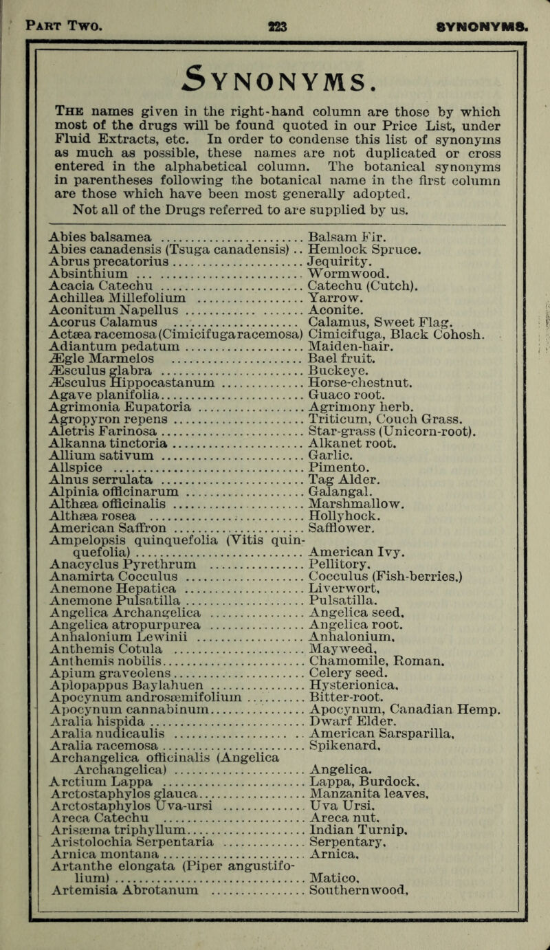 Synonyms. The names given in the right-hand column are those by which most of the drugs will be found quoted in our Price List, under Fluid Extracts, etc. In order to condense this list of synonyms as much as possible, these names are not duplicated or cross entered in the alphabetical column. The botanical synonyms in parentheses following the botanical name in the first column are those which have been most generally adopted. Not all of the Drugs referred to are supplied by us. Abies balsamea Balsam Fir. Abies canadensis (Tsuga canadensis).. Hemlock Spruce. Abrus precatorius Jequirity. Absinthium Wormwood. Acacia Catechu Catechu (Cutch). Achillea Millefolium Yarrow. Aconitum Napellus Aconite. Acorus Calamus Calamus, Sweet Flag. Actsearacemosa(Cimicifugaracemosa) Cimicifuga, Black Cohosh. Adiantum pedatum Maiden-hair. iEgle Marmelos Bael fruit. JEsculus glabra Buckeye. ASsculus Hippocastanum Horse-chestnut. Agave planifolia Guaco root. Agrimonia Eupatoria Agrimony herb. Agropyron repens Triticum, Couch Grass. Aletris Farinosa Star-grass (Unicorn-root). Alkanna tinctoria Alkanet root. Allium sativum Garlic. Allspice Pimento. Alnus serrulata Tag Alder. Alpinia ofiicinarum Galangal. Althaea officinalis Marshmallow. Althaea rosea Hollyhock. American Saffron Safflower. Ampelopsis quinquefolia (Yitis quin- quefolia) American Ivy. Anacyclus Pyrethrum Pellitory, Anamirta Cocculus Cocculus (Fish-berries.) Anemone Hepatica Liverwort, Anemone Pulsatilla Pulsatilla. Angelica Archangelica Angelica seed, Angelica atropurpurea Angelica root. Anhalonium Lewinii Anhalonium, Anthemis Cotula Mayweed, Ant hemis nobilis Chamomile, Roman. Apium graveolens Celery seed. Aplopappus Baylahuen Hysterionica, Apocynum androseemifolium Bitter-root. Apocynum cannabinum Apocynum, Canadian Hemp. Aralia hispida Dwarf Elder. Aralia nudicaulis American Sarsparilla, Aralia racemosa Spikenard, Archangelica officinalis (Angelica Archangelica) Angelica. Arctium Lappa Lappa, Burdock. Arctostaphylos glauca Manzanita leaves, Arctostaphylos Uva-ursi Uva Ursi. Areca Catechu Areca nut. Arissema triphyllum Indian Turnip, Aristolochia Serpentaria Serpentary, Arnica montana Arnica, Artanthe elongata (Piper angustifo- lium) Matico. Artemisia Abrotanum Southernwood,