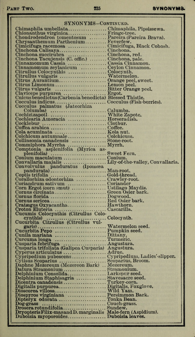 SYNONYMS—Continued. Chimaphila umbellata Chimapliila, Pipsissewa. Chionanthus virginica Fringe-tree. Chondrodendron tomentosum Pareira (Pareira Brava). Chrysanthemum Parthenium Feverfew. Cimicifuga racemosa Cimicifuga, Black Cohosh. Cinchona Calisaya Cinchona. Cinchona succirubra Cinchona, red. Cinchona Tacujensis (C. oflic.) Cinchona, pale. Cinnamomum Cassia Cassia Cinnamon. Cinnamomum zeylanicum Ceylon Cinnamon. Citrullus Coloeynthis Colocynth. Citrullus vulgaris Watermelon. Citrus Aurantium Orange peel, sweet. Citrus Limonum Lemon peel. Citrus vulgaris Bitter Orange peel, Claviceps purpurea Ergot. Cnicus benedictus (Carben ia benedicta) Blessed Thistle. Cocculus indicus Cocculus (Fish-berries). Cocculus palmatus (Jateorhiza Columba) Calumba. Cochiztzapotl White Zapote. Cochlearia Amoracia Horseradish. Cocklebur Clotbur. Coffea arabica Coffee. Cola acuminata Kola nut. Colchicum autumnale Colchicum. Collinsonia canadensis Stone-root. Commiphora Myrrha Myrrh, Comptonia asplenifolia (Myrica as- plenifolia) Sweet Fern, Conium maculatum Conium. Convallaria majalis Lily-of-the-valley, Convallaria. Convolvulus panduratus (Ipomcea pandurata) Man-root, Coptis trifolia Gold-thread. Corallorhiza odontorhiza Crawley-root. Coriandrum sativum Coriander Corn Ergot (corn smut) Ustilago Maydis. Cornus circinata Green Osier bark. Cornus florida Dogwood. Cornus sericea Red Osier bark, Crataegus Oxyacantha Hawthorn. Croton Eluteria Cascarilla. Cucumis Coloeynthis (Citrullus Colo- cynthis) Colocynth. Cucurbita Citrullus (Citrullus vul- garis) Watermelon seed. Cucurbita Pepo Pumpkin seed. Cunila mariana Dittany, Curcuma longa Turmeric. Cusparia febrifuga Angustura, Cusparia trifoliata (Galipca Cusparia) Angustura. Cyperus articulatus Adrue, Cypripedium pubescens Cypripedium, Ladies’-slipper. Cytisus Scoparius Scoparius, Broom. Daphne Mezereum (Mezereon Bark) .. Mezereum. Datura Stramonium Stramonium. Delphinium Consolida Larkspur seed. Delphinium Staphisagria Stavesacrc seed. Dicentra canadensis Turkey-corn. Digitalis purpurea Digitalis, Foxglove, Dioscorea villosa Wild Yam. Diospyros virginiana Persimmon Bark. Dipteryx odorata Tonka Bean. Dog-grass Couch-grass. Drosera rotundifolia Sundew. DryopterisFilix-masandD.marginalis Male-fern (Aspidium). Duboisia myoporoides Duboisia leaves.