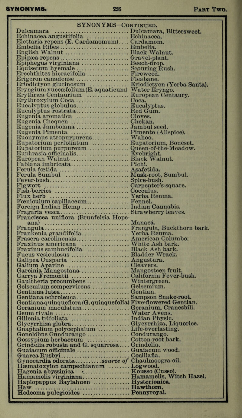 SYNONYMS-Continued. Dulcamara Dulcamara, Bittersweet. Echinacea angustifolia Echinacea. Elettaria repens (E. Cardamomum) Cardamom. Embelia Ribes Embelia. English Walnut Black Walnut. Epigsea repens Gravel-plant. Epiphegus virginiana Beech-drop. Equisetum hyemale Scouring Rush. Erechthites hieracifolia Fireweed. Erigeron canadense Fleabane. Eriodictyon glutinosum Eriodictyon (Yerba Santa). Eryngium yuccsefolium (E. aquaticum) Water Eryngo. Erythrsea Centaurium European Centaury. Erythroxylum Coca Coca. Eucalyptus globulus Eucalyptus. Eucalyptus rostrata Red Gum. Eugenia aromatica Cloves. Eugenia Chequen Chekan. Eugenia Jambolana Jambul seed. Eugenia Pimenta Pimento (Allspice). Euonymus atropurpureus Wahoo. Eupatorium perfoliatum Eupatorium, Boneset. Eupatorium purpureum Queen-of-the-Meadow. Euphrasia officinalis Eyebright. European Walnut Black Walnut. Fabiana imbricata Pichi. Ferula foetida Asafetida. Ferula Sumbul Musk-root, Sumbul. Fever-bush Spice-bush. Figwort Carpenter’s-square. Fish-berries Cocculus. Flux herb Yerba Reuma. Foeniculum capillaceum Fennel. Foreign Indian Hemp Indian Cannabis. Fragaria vesca Strawberry leaves. Franciscea uniflora (Brunfelsia Hope- ana) Manacd. Frangula Frangula, Buckthorn bark. Frankenia grandifolia Yerba Reuma. Frasera carolinensis American Columbo. Fraxinus americana White Ash bark. Fraxinus sambucifolia Black Ash bark. Fucus vesiculosus Bladder Wrack. Galipea Cusparia Angustura. Galium Aparine Cleavers. Garcinia Mangostana Mangosteen fruit. Garrya Fremontii California Fever-bush. Gauitheria procumbens Wintergreen. Gelsemium sempervirens Gelsemium. Gentiana lutea Gentian. Gentian a ochroleuca Sampson Snake-root. Gentianaquinqueflora(G. quinquefolia) Five-flowered Gentian. Geranium maculatum Geranium, Cranesbill. Geum rivale Water Avens. Gillenia trifoliata Indian Physic. Glycyrrhiza glabra Glvcyrrhiza, Liquorice. Gnaphalium polycephalum Life-everlasting. Gonolobus Gundurango Condurango. Gossypium herbaceum Cotton-root bark. Grindelia robusta and G. squarrosa Grindelia, Guaiacum officinale Guaiacum wood. Guarea Rusbyi Cocillana. Gynocardia odorata source of Chaulmoogra oil. Hsematoxylon campechianum Logwood. Hagenia abyssinioa » Kousso (Cusso). Hamamelis virginiana Hamamelis, Witch Hazel. Haplopappus Baylahuen Hysterionica. Haw Hawthorn. Hedeoma pulegioides Pennyroyal.