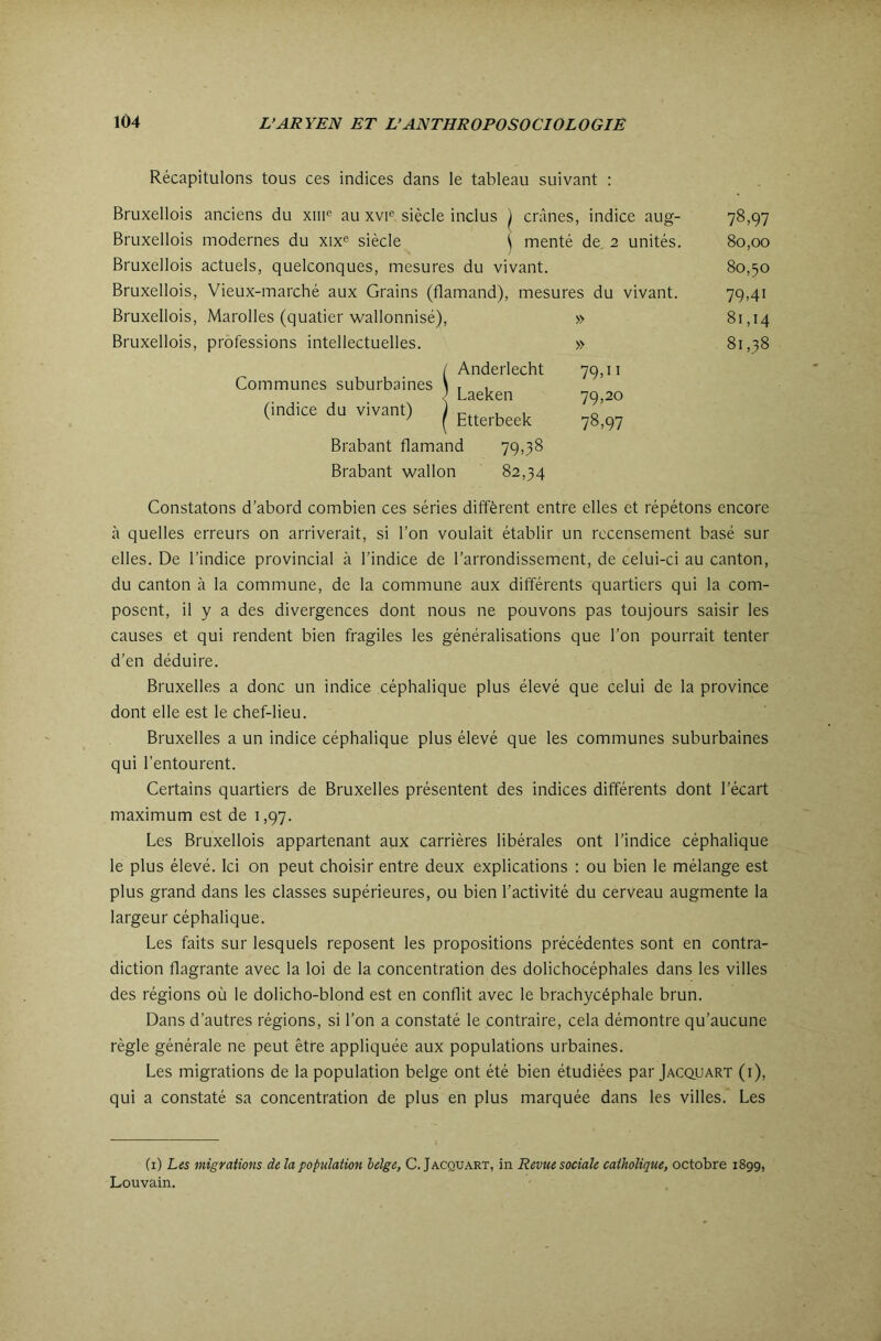 Récapitulons tous ces indices dans le tableau suivant : Bruxellois anciens du xiii® au xvi® siècle inclus | crânes, indice aug- 78,97 Bruxellois modernes du xix® siècle \ menté de 2 unités. 80,00 Bruxellois actuels, quelconques, mesures du vivant. 80,50 Bruxellois, Vieux-marché aux Grains (flamand), mesures du vivant. 79,41 Bruxellois, Marolles (quatier v/allonnisé), » 81,14 Bruxellois, professions intellectuelles. » 81,38 I Anderlecht 79, n Communes suburbaines \ , , / Laeken 79,20 (indice du vivant) | Brabant flamand 79,38 Brabant wallon 82,34 Constatons d’abord combien ces séries diffèrent entre elles et répétons encore à quelles erreurs on arriverait, si l’on voulait établir un recensement basé sur elles. De l’indice provincial à l’indice de l’arrondissement, de celui-ci au canton, du canton à la commune, de la commune aux différents quartiers qui la com- posent, il y a des divergences dont nous ne pouvons pas toujours saisir les causes et qui rendent bien fragiles les généralisations que l’on pourrait tenter d’en déduire. Bruxelles a donc un indice céphalique plus élevé que celui de la province dont elle est le chef-lieu. Bruxelles a un indice céphalique plus élevé que les communes suburbaines qui l’entourent. Certains quartiers de Bruxelles présentent des indices différents dont l’écart maximum est de 1,97. Les Bruxellois appartenant aux carrières libérales ont l’indice céphalique le plus élevé. Ici on peut choisir entre deux explications : ou bien le mélange est plus grand dans les classes supérieures, ou bien l’activité du cerveau augmente la largeur céphalique. Les faits sur lesquels reposent les propositions précédentes sont en contra- diction flagrante avec la loi de la concentration des dolichocéphales dans les villes des régions où le dolicho-blond est en conflit avec le brachycéphale brun. Dans d’autres régions, si l’on a constaté le contraire, cela démontre qu’aucune règle générale ne peut être appliquée aux populations urbaines. Les migrations de la population belge ont été bien étudiées par Jacquart (i), qui a constaté sa concentration de plus en plus marquée dans les villes. Les (i) Les migrations delà population belge, C. Jacquart, in Revue sociale catholique, octobre 1899, Louvain.