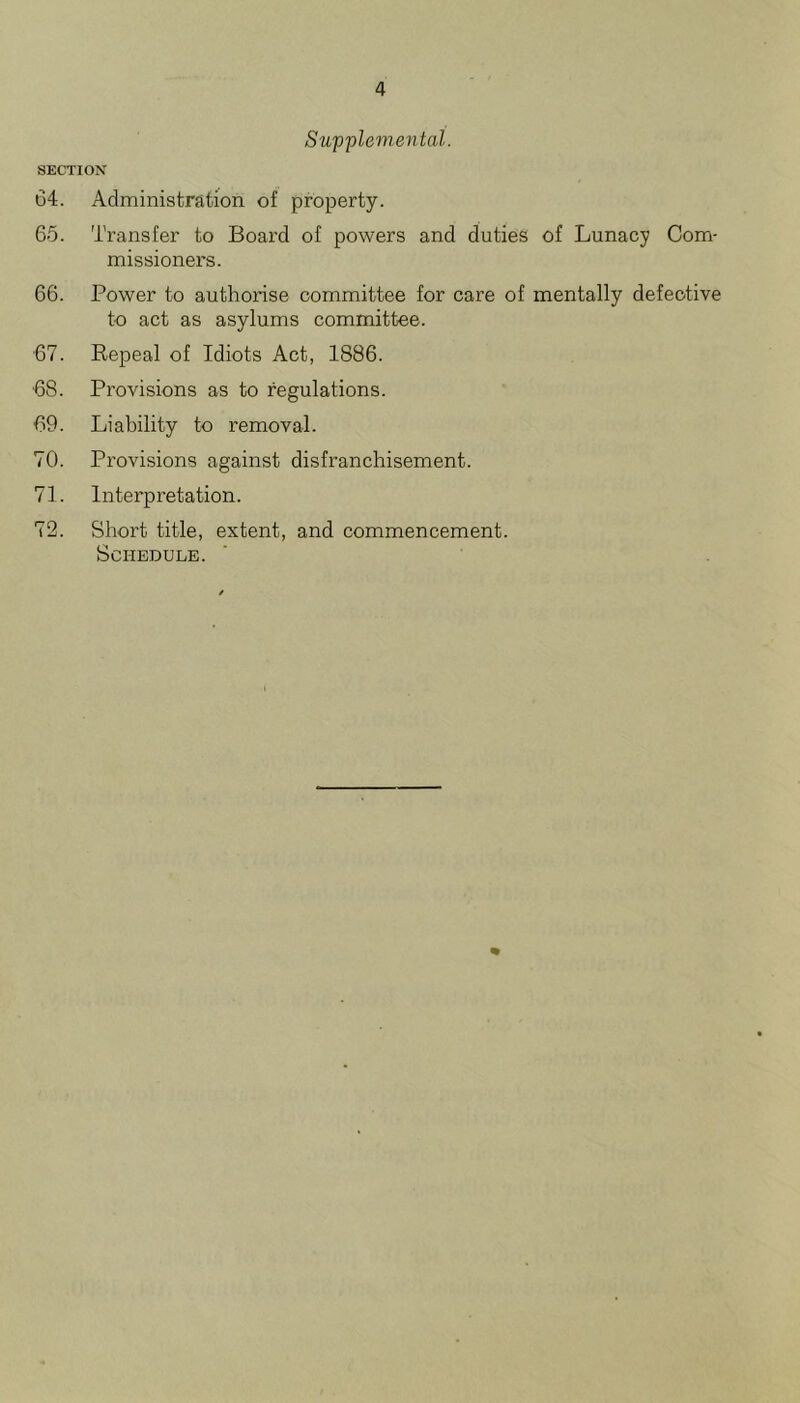 Supplemental. SECTION 64. Administration of property. 65. Transfer to Board of powers and duties of Lunacy Com- missioners. 66. Power to authorise committee for care of mentally defective to act as asylums committee. 67. Repeal of Idiots Act, 1886. 68. Provisions as to regulations. 69. Liability to removal. 70. Provisions against disfranchisement. 71. Interpretation. 72. Short title, extent, and commencement. Schedule.