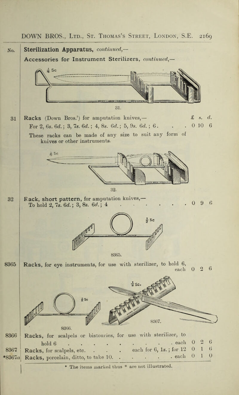 No. Sterilization Apparatus, continued — Accessories for Instrument Sterilizers, continued,— i Sc 31. 31 Racks (Down Bros.’) for amputation knives,— £ s. d. For 2, 6s. 6d.; 3, Is. 6d.; 4, 8s. 6d.; 5, 9s. 6d.; 6. . . 0 10 G These racks can be made of any size to suit any form of kuives or other instruments. ' ft XUS] 32. 32 Rack, short pattern, for amputation knives,— To hold 2, 7s. 6d.; 3, 8s. 6d.; 4 .090 8365 Racks, for eye instruments, for use with sterilizer, to hold 6, each 0 2 0 8306 Racks, for scalpels or bistouries, for use with stei'ilizer, to hold 6 each 0 2 0 8367 Racks, for scalpels, etc. . . . each for 0, Is. ; for 12 0 1 0 *8367(i Racks, porcelain, ditto, to take 10. . . each 0 10