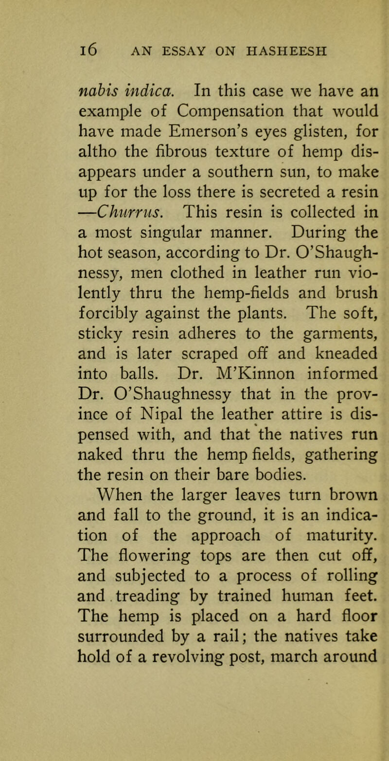 nabis indica. In this case we have an example of Compensation that would have made Emerson’s eyes glisten, for altho the fibrous texture of hemp dis- appears under a southern sun, to make up for the loss there is secreted a resin —Chiirrus. This resin is collected in a most singular manner. During the hot season, according to Dr. O’Shaugh- nessy, men clothed in leather run vio- lently thru the hemp-fields and brush forcibly against the plants. The soft, sticky resin adheres to the garments, and is later scraped off and kneaded into balls. Dr. M’Kinnon informed Dr. O’Shaughnessy that in the prov- ince of Nipal the leather attire is dis- pensed with, and that the natives run naked thru the hemp fields, gathering the resin on their bare bodies. When the larger leaves turn brown and fall to the ground, it is an indica- tion of the approach of maturity. The flowering tops are then cut off, and subjected to a process of rolling and treading by trained human feet. The hemp is placed on a hard floor surrounded by a rail; the natives take hold of a revolving post, march around