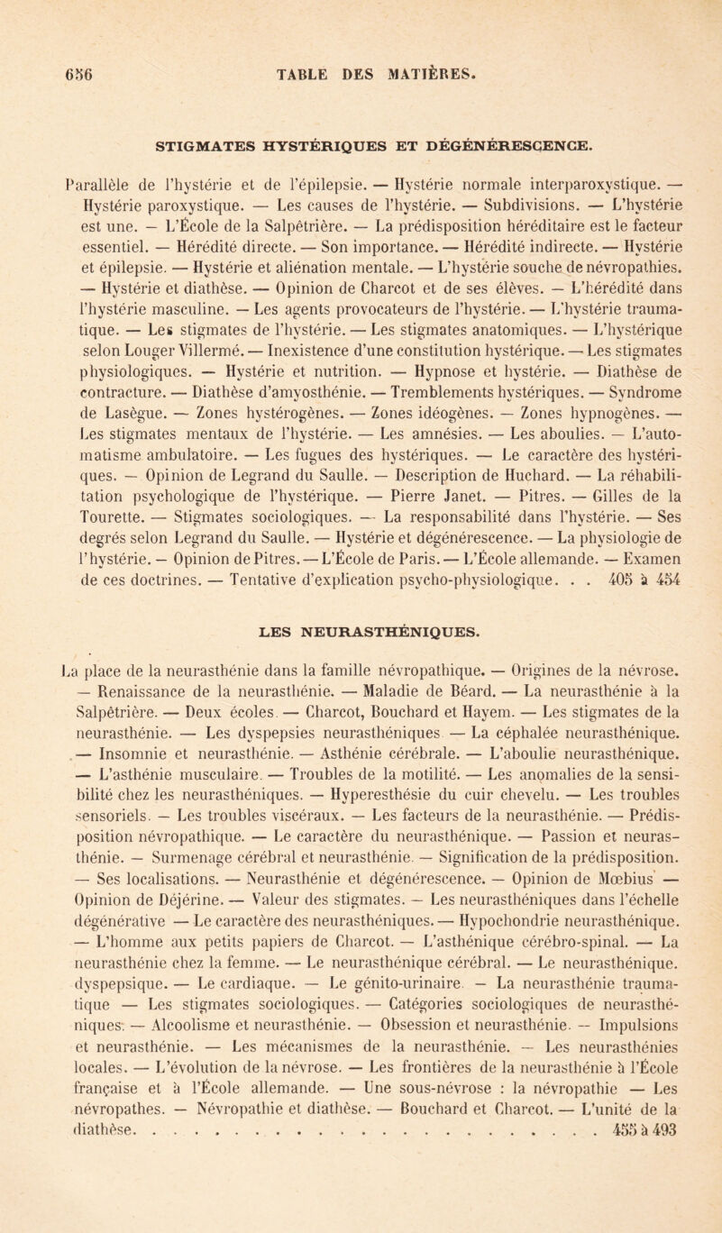 STIGMATES HYSTÉRIQUES ET DÉGÉNÉRESCENCE. Parallèle de l’hystérie et de l’épilepsie. — Hystérie normale interparoxystique. — Hystérie paroxystique. — Les causes de l’hystérie. — Subdivisions. — L’hystérie est une. — L’École de la Salpêtrière. — La prédisposition héréditaire est le facteur essentiel. — Hérédité directe. — Son importance. — Hérédité indirecte. — Hystérie et épilepsie. — Hystérie et aliénation mentale. — L’hystérie souche de névropathies. — Hystérie et diathèse. — Opinion de Charcot et de ses élèves. — L’hérédité dans l’hystérie masculine. — Les agents provocateurs de l’hystérie. — L'hystérie trauma- tique. — Les stigmates de l’hystérie. — Les stigmates anatomiques. — L’hystérique selon Louger Villermé. — Inexistence d’une constitution hystérique. — Les stigmates physiologiques. — Hystérie et nutrition. — Hypnose et hystérie. — Diathèse de contracture. — Diathèse d’amyosthénie. — Tremblements hystériques. — Syndrome de Lasègue. — Zones hystérogènes. — Zones idéogènes. — Zones hypnogènes. — Les stigmates mentaux de l’hystérie. — Les amnésies. — Les aboulies. — L’auto- matisme ambulatoire. — Les fugues des hystériques. — Le caractère des hystéri- ques. — Opinion de Legrand du Saulle. — Description de Huchard. — La réhabili- tation psychologique de l’hystérique. — Pierre Janet. — Pitres. — Gilles de la Tourette. — Stigmates sociologiques. — La responsabilité dans l’hvstérie. — Ses degrés selon Legrand du Saulle. — Hystérie et dégénérescence. — La physiologie de l’hystérie. — Opinion de Pitres. — L’École de Paris. — L’École allemande. — Examen de ces doctrines. — Tentative d’explication psycho-physiologique. . . 405 à 454 LES NEURASTHÉNIQUES. ^a place de la neurasthénie dans la famille névropathique. — Origines de la névrose. — Renaissance de la neurasthénie. — Maladie de Béard. — La neurasthénie à la Salpêtrière. — Deux écoles. — Charcot, Bouchard et Hayem. — Les stigmates de la neurasthénie. — Les dyspepsies neurasthéniques — La céphalée neurasthénique. — Insomnie et neurasthénie. — Asthénie cérébrale. — L’aboulie neurasthénique. — L’asthénie musculaire. — Troubles de la motilité. — Les anomalies de la sensi- bilité chez les neurasthéniques. — Hyperesthésie du cuir chevelu. — Les troubles sensoriels. — Les troubles viscéraux. — Les facteurs de la neurasthénie. — Prédis- position névropathique. — Le caractère du neurasthénique. — Passion et neuras- thénie. — Surmenage cérébral et neurasthénie. — Signification de la prédisposition. — Ses localisations. — Neurasthénie et dégénérescence. — Opinion de Mœbius — Opinion de Déjérine. — Valeur des stigmates. — Les neurasthéniques dans l’échelle dégénérative — Le caractère des neurasthéniques.— Hvpochondrie neurasthénique. — L’homme aux petits papiers de Charcot. — L’asthénique cérébro-spinal. — La neurasthénie chez la femme. — Le neurasthénique cérébral. — Le neurasthénique, dyspepsique. — Le cardiaque. — Le génito-urinaire. — La neurasthénie trauma- tique — Les stigmates sociologiques. — Catégories sociologiques de neurasthé- niques'. — Alcoolisme et neurasthénie. — Obsession et neurasthénie. -- Impulsions et neurasthénie. — Les mécanismes de la neurasthénie. — Les neurasthénies locales. — L’évolution de la névrose. — Les frontières de la neurasthénie 5 l’École française et k l’École allemande. — Une sous-névrose : la névropathie — Les névropathes. — Névropathie et diathèse. — Bouchard et Charcot. — L’unité de la diathèse 455 k 493