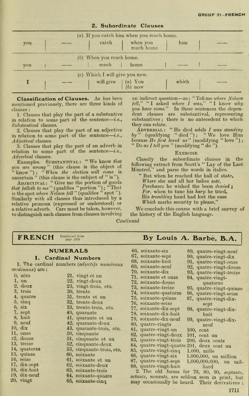 GROUP 21-FRENCH 2. Subordinate Clauses you (o) 1 ■ you catch bin catch u when you reach h when you reach home ome. him — (b) When you reach home. you 1 1 reach | home | 1 I (c) V i’hich I will giv will give e you now. (a) You (b) now which — Classification of Clauses. As has been mentioned previously, there are three kinds of clauses: 1. Clauses that play the part of a substantive in relation to some part of the sentence—i.e.. Substantival clauses. 2. Clauses that play the part of an adjective in relation to some part of the sentence—i.e.. Adjectival clauses. 3. Clauses that play the part of an adverb in relation to some part of the sentence—i.e., Adverbial clauses. Examples. Substantival : “ We know that you are wrong ” (this clause is the object of “ know ”) ; “ Whe7i the election will come is uncertain ” (this clause is the subject of “ is”). Adjectival: “ Give me the portion of goods that jalleth tome (qualifies “portion ”); “That is the spot where Nelson jell ” (qualifies “ spot ”). Similarly with all clauses thus introduced by a relative pronoun (expressed or understood) or a relative adverb. Care must be taken, however, to distinguish such clauses from clauses involving an indirect question—as: “ Tell me w/iere Nelson fell,” “ I asked ivhere I was,” “ I know why you have come.” In these sentences the depen- dent clauses are substantival, repre.senting substantives ; there is no antecedent to which they can relate. Adverbial : “ He died while I was standing by ” (qualifying “ died ”) ; “ We love Him because He first loved tes” (modifying “ love ”) ; “ Do as I tell you ” (modifying “ do ”). Exercise. Classify the subordinate clauses in the following extract from Scott’s “ Lay of the Last Minstrel,” and parse the words in italics. “ But when he reached the hall of state. Where she and all her ladies sate. Perchance he wished the boon denied; For, w’nen to tune his harp he tried. His trembling hand had lost the ease Which marks security to please.” We conclude this course with a brief survey of the history of the English language. FRENCH “J-yr By Louis A. Barbe, B.A, NUMERALS 1. Car 1. The cardinal cardinaux) are: 0, zero 1, un 2, deux 3, trois 4, quatre 5, cinq 6, six 7, sept 8, huit 9, neuf 10, dix 11, onze 12, douze 13, treize 14, quatorze 15, quinze 10, seize 17, dix-sept 18, dix-huit 19, dix-neuf 20, vingt dinal Numbers numbers {adjectifs numeraux 21, vingt et un 22, vingt-deux 23, vingt-trois, etc. 30, trente 31, trente et un 32, trente-deux 33, trente-trois, etc. 40, quarante 41, quarante et un 42, quarante-deux 43, quarante-trois, etc. 50, cinquante 51, cinquante et un 52, cinquante-deux 53, cinquantc-trois, etc, 60, soixante 61, soixante et un 62, soixante-deux 63, soixanto-trois 64, soixante-quatre 65, soixante-cinq 60, soixante-six 67, soixante-sept 68, soixante-huit 69, soixante-neuf 70, soixante-dix 71, soixante et onze 72, soixante-douze 73, soixante-treize 74, soixante-quatorze 75, soixante-quinze 76, soixante-seize 77, soixante-dix-sept 78, soixante-dix-huit 79, soixante-dix-neuf 80, quatre-vingts 81, quatre-vingt-un 82, quatre-vingt-deux 83, quatre-vingt-trois 84, quatre-vingt-quatre 201 85, quatre-vingt-cinq 86, quatre-vingt-six 87, quatre-vingt-sept 88, quatre-vingt-huit 2. The old forms 89, quatre-vingt-neuf 90, quatre-vingt-dix 91, quatre-vingt-onze 92, quatre-vingt-douze 93, quatre-vingt-treize quatre-vingt- quatorze quatre-vingt-quinzo quatre-vingt-seize quatre-vingt-dix- sept quatre-vingt-dix- huit quatre-vingt-dix- neuf cent cent un deux cents deux cent un 1.000, mille 1.000. 000, un million 1.000. 000.000, un mil- 94, 95, 96, 97, 98, 99, 100, 101, 200, hard for 70, 80, 90, septante, octante, nonante, are seldom seen in print, but may occasionally be heard. Their derivatives :