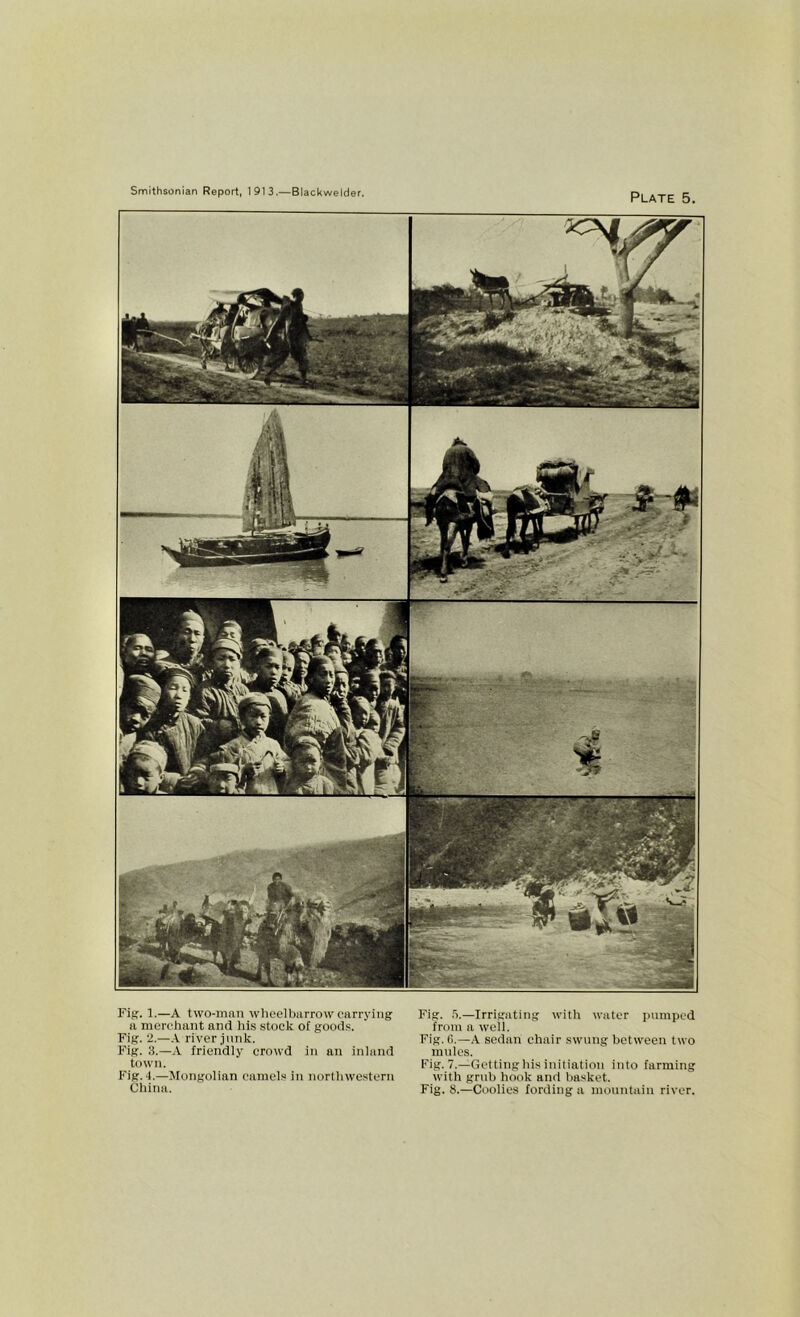 Plate 5. V. • Fig. 1.—A two-man wheelbarrow carrying a merchant and his stock of goods. Fig. 2.—.L river,iiink. Fig. 3.—A friendly crowd in an inland town. Fig. 4.—Mongolian camels in northwestern China. Fig. .3.—Irrigating with water pumped from a well. Fig. (i.—.A. sedan chair swung between two mules. Fig. 7.—Getting his initiation into farming with grub hook and basket. Fig. 8.—Coolies fording a mountain river.