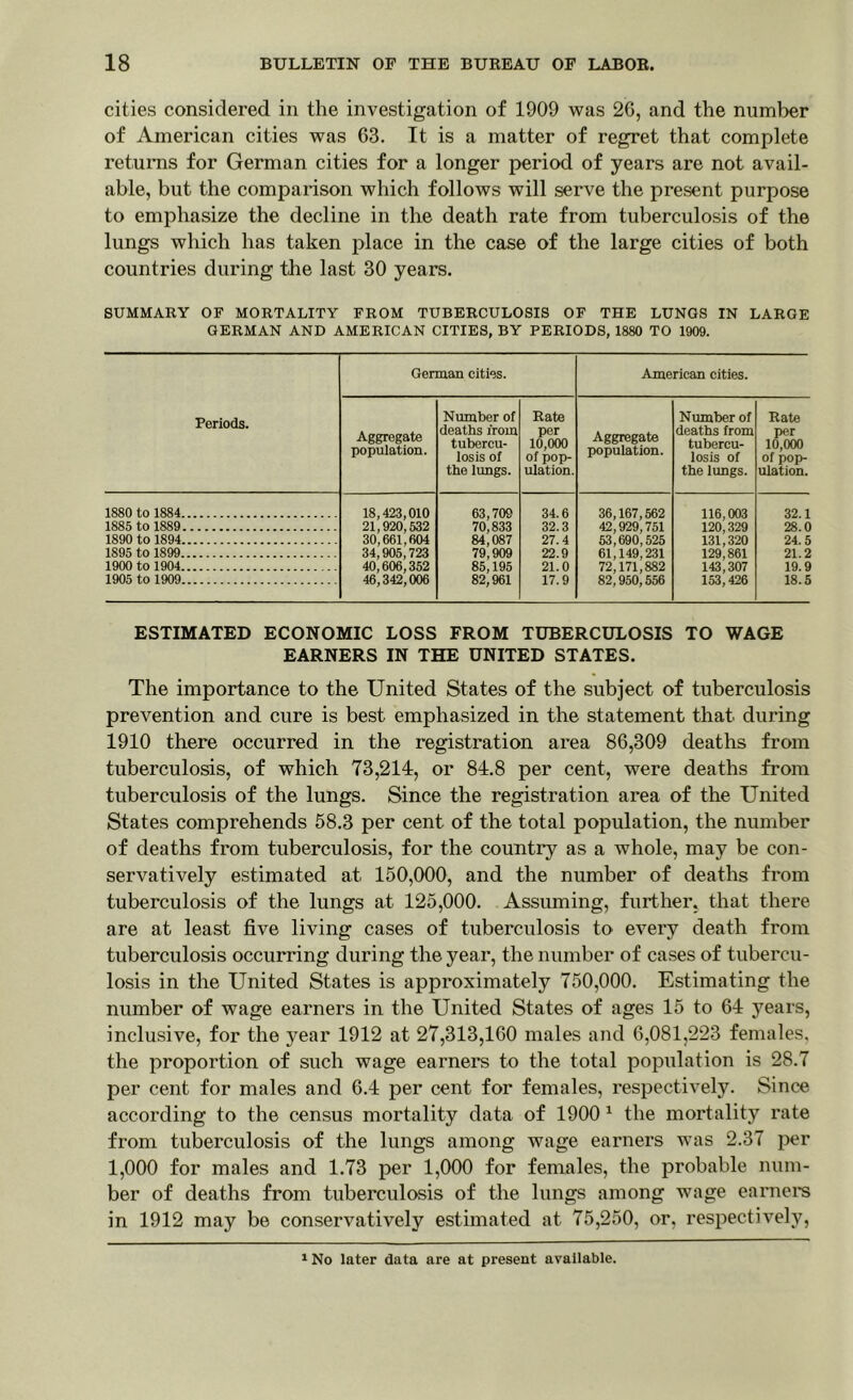 cities considered in the investigation of 1909 was 26, and the number of American cities was 63. It is a matter of regret that complete returns for German cities for a longer period of years are not avail- able, but the comparison which follows will serve the present purpose to emphasize the decline in the death rate from tuberculosis of the lungs which has taken place in the case of the large cities of both countries during the last 30 years. SUMMARY OF MORTALITY FROM TUBERCULOSIS OF THE LUNGS IN LARGE GERMAN AND AMERICAN CITIES, BY PERIODS, 1880 TO 1909. Periods. German cities. American cities. Aggregate population. Number of deaths from tubercu- losis of the lungs. Rate per 10,000 of pop- ulation. Aggregate population. Number of deaths from tubercu- losis of the lungs. Rate per 10,000 of pop- ulation. 1880 to 1884 18,423,010 21,920,532 30,661,604 34,905,723 40,606,352 46,342,006 63,709 70,833 84,087 79,909 85,195 82,961 34.6 32.3 27.4 22.9 21.0 17.9 36,167,562 42,929,751 53,690,525 61,149,231 72,171,882 82,950,556 116,003 120,329 131,320 129,861 143,307 153,426 32.1 28.0 24.5 21.2 19.9 18.5 1885 to 1889 1890 to 1894 1895 to 1899 1900 to 1904 .. 1905 to 1909 ESTIMATED ECONOMIC LOSS FROM TUBERCULOSIS TO WAGE EARNERS IN THE UNITED STATES. The importance to the United States of the subject of tuberculosis prevention and cure is best emphasized in the statement that during 1910 there occurred in the registration area 86,309 deaths from tuberculosis, of which 73,214, or 84.8 per cent, were deaths from tuberculosis of the lungs. Since the registration area of the United States comprehends 58.3 per cent of the total population, the number of deaths from tuberculosis, for the country as a whole, may be con- servatively estimated at 150,000, and the number of deaths from tuberculosis of the lungs at 125,000. Assuming, further, that there are at least five living cases of tuberculosis to every death from tuberculosis occurring during the year, the number of cases of tubercu- losis in the United States is approximately 750,000. Estimating the number of wage earners in the United States of ages 15 to 64 years, inclusive, for the year 1912 at 27,313,160 males and 6,081,223 females, the proportion of such wage earners to the total population is 28.7 per cent for males and 6.4 per cent for females, respectively. Since according to the census mortality data of 1900 1 the mortality rate from tuberculosis of the lungs among wage earners was 2.37 per 1,000 for males and 1.73 per 1,000 for females, the probable num- ber of deaths from tuberculosis of the lungs among wage earners in 1912 may be conservatively estimated at 75,250, or, respectively, 1 No later data are at present available.