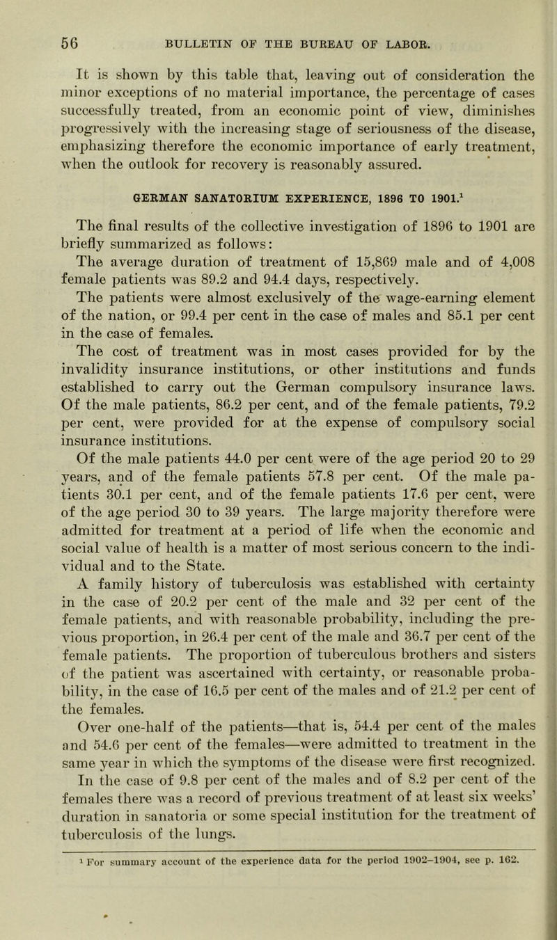 It is shown by this table that, leaving out of consideration the minor exceptions of no material importance, the percentage of cases successfully treated, from an economic point of view, diminishes progressively with the increasing stage of seriousness of the disease, emphasizing therefore the economic importance of early treatment, when the outlook for recovery is reasonably assured. GERMAN SANATORIUM EXPERIENCE, 1896 TO 1901.1 The final results of the collective investigation of 1896 to 1901 are briefly summarized as follows: The average duration of treatment of 15,869 male and of 4,008 female patients was 89.2 and 94.4 days, respectively. The patients were almost exclusively of the wage-earning element of the nation, or 99.4 per cent in the case of males and 85.1 per cent in the case of females. The cost of treatment was in most cases provided for by the invalidity insurance institutions, or other institutions and funds established to carry out the German compulsory insurance laws. Of the male patients, 86.2 per cent, and of the female patients, 79.2 per cent, were provided for at the expense of compulsory social insurance institutions. Of the male patients 44.0 per cent were of the age period 20 to 29 years, and of the female patients 57.8 per cent. Of the male pa- tients 30.1 per cent, and of the female patients 17.6 per cent, were of the age period 30 to 39 years. The large majority therefore were admitted for treatment at a period of life when the economic and social value of health is a matter of most serious concern to the indi- vidual and to the State. A family history of tuberculosis was established with certainty in the case of 20.2 per cent of the male and 32 per cent of the female patients, and with reasonable probability, including the pre- vious proportion, in 26.4 per cent of the male and 36.7 per cent of the female patients. The proportion of tuberculous brothers and sisters of the patient was ascertained with certainty, or reasonable proba- bility, in the case of 16.5 per cent of the males and of 21.2 per cent of the females. Over one-half of the patients—that is, 54.4 per cent of the males and 54.6 per cent of the females—were admitted to treatment in the same year in which the symptoms of the disease were first recognized. In the case of 9.8 per cent of the males and of 8.2 per cent of the females there was a record of previous treatment of at least six weeks' duration in sanatoria or some special institution for the treatment of tuberculosis of the lungs. 1 For summary account of the experience data for the period 1902-1904, see p. 162.