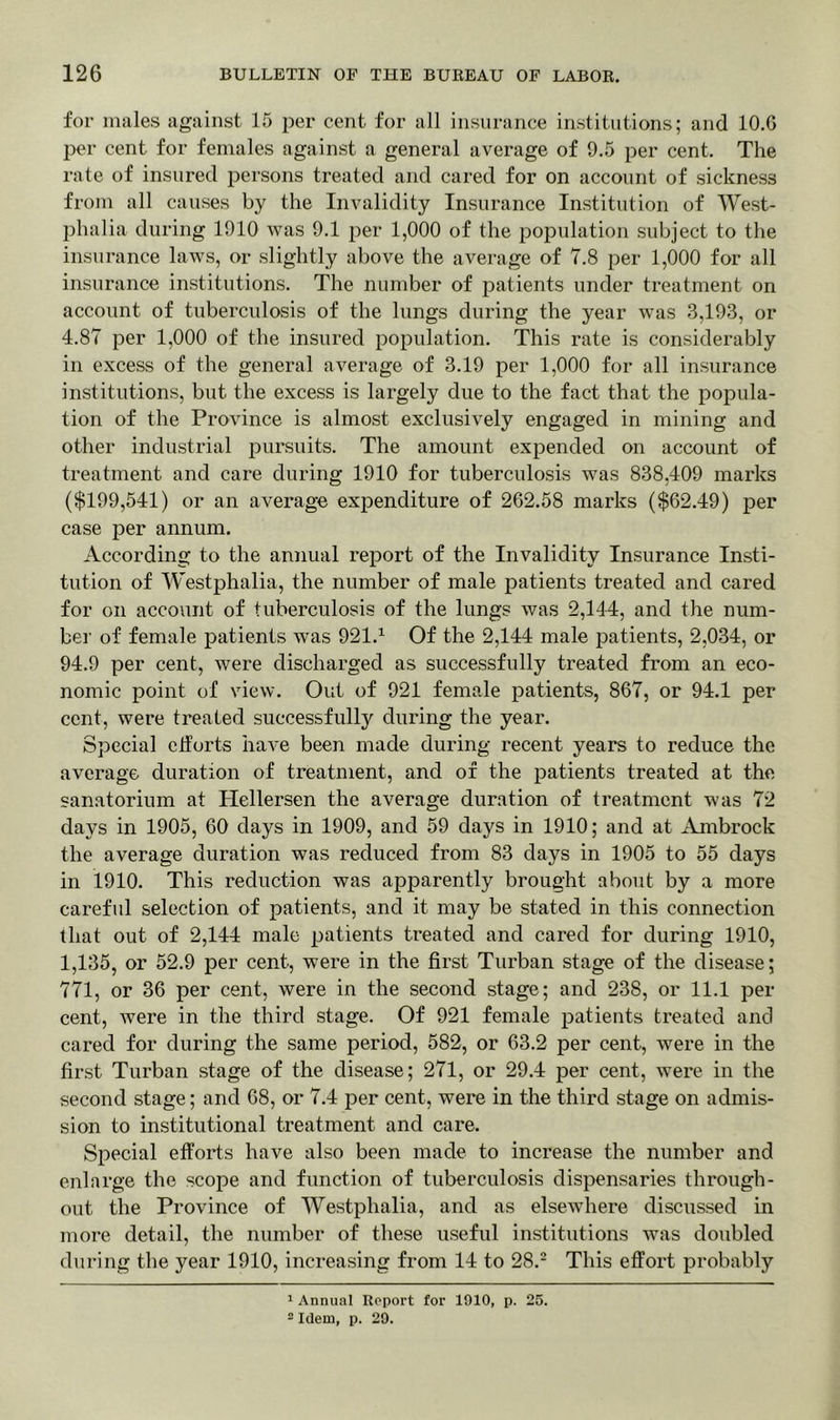 for males against 15 per cent for all insurance institutions; and 10.6 per cent for females against a general average of 9.5 per cent. The rate of insured persons treated and cared for on account of sickness from all causes by the Invalidity Insurance Institution of West- phalia during 1910 was 9.1 per 1,000 of the population subject to the insurance laws, or slightly above the average of 7.8 per 1,000 for all insurance institutions. The number of patients under treatment on account of tuberculosis of the lungs during the year was 3,193, or 4.87 per 1,000 of the insured population. This rate is considerably in excess of the general average of 3.19 per 1,000 for all insurance institutions, but the excess is largely due to the fact that the popula- tion of the Province is almost exclusively engaged in mining and other industrial pursuits. The amount expended on account of treatment and care during 1910 for tuberculosis was 838,409 marks ($199,541) or an average expenditure of 262.58 marks ($62.49) per case per annum. According to the annual report of the Invalidity Insurance Insti- tution of Westphalia, the number of male patients treated and cared for on account of tuberculosis of the lungs was 2,144, and the num- ber of female patients was 921.1 Of the 2,144 male patients, 2,034, or 94.9 per cent, were discharged as successfully treated from an eco- nomic point of view. Out of 921 female patients, 867, or 94.1 per cent, were treated successfully during the year. Special ctforts have been made during recent years to reduce the average duration of treatment, and of the patients treated at the sanatorium at Hellersen the average duration of treatment was 72 days in 1905, 60 days in 1909, and 59 days in 1910; and at Ambrock the average duration was reduced from 83 days in 1905 to 55 days in 1910. This reduction was apparently brought about by a more careful selection of patients, and it may be stated in this connection that out of 2,144 male patients treated and cared for during 1910, 1,135, or 52.9 per cent, were in the first Turban stage of the disease; 771, or 36 per cent, were in the second stage; and 238, or 11.1 per cent, were in the third stage. Of 921 female patients treated and cared for during the same period, 582, or 63.2 per cent, were in the first Turban stage of the disease; 271, or 29.4 per cent, were in the second stage; and 68, or 7.4 per cent, were in the third stage on admis- sion to institutional treatment and care. Special efforts have also been made to increase the number and enlarge the scope and function of tuberculosis dispensaries through- out the Province of Westphalia, and as elsewhere discussed in more detail, the number of these useful institutions was doubled during the year 1910, increasing from 14 to 28.2 This effort probably 1 Annual Report for 1010, p. 25. - Idem, p. 29.