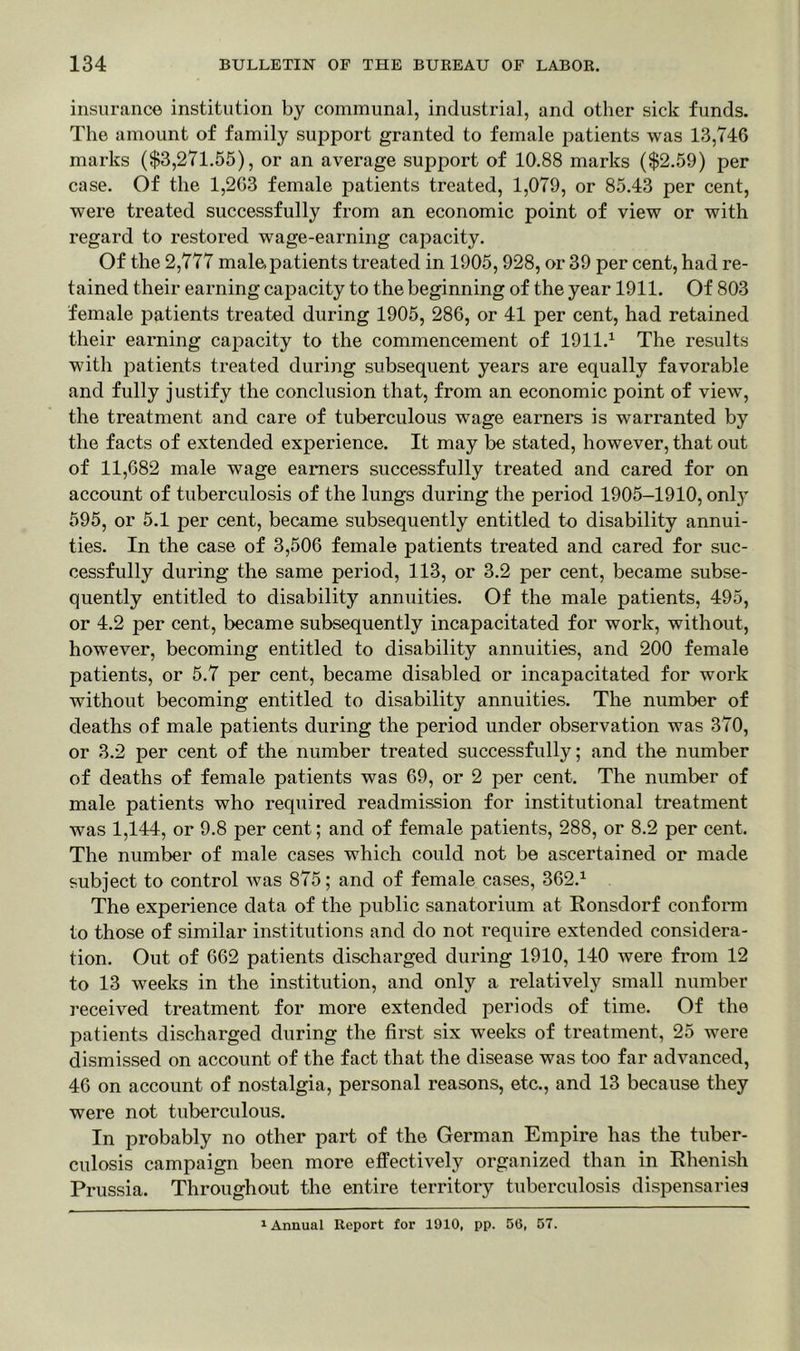 insurance institution by communal, industrial, and other sick funds. The amount of family support granted to female patients was 13,746 marks ($3,271.55), or an average support of 10.88 marks ($2.59) per case. Of the 1,263 female patients treated, 1,079, or 85.43 per cent, were treated successfully from an economic point of view or with regard to restored wage-earning capacity. Of the 2,777 male patients treated in 1905,928, or 39 per cent, had re- tained their earning capacity to the beginning of the year 1911. Of 803 female patients treated during 1905, 286, or 41 per cent, had retained their earning capacity to the commencement of 1911.1 The results with patients treated during subsequent years are equally favorable and fully justify the conclusion that, from an economic point of view, the treatment and care of tuberculous wage earners is warranted by the facts of extended experience. It may be stated, however, that out of 11,682 male wage earners successfully treated and cared for on account of tuberculosis of the lungs during the period 1905-1910, only 595, or 5.1 per cent, became subsequently entitled to disability annui- ties. In the case of 3,506 female patients treated and cared for suc- cessfully during the same period, 113, or 3.2 per cent, became subse- quently entitled to disability annuities. Of the male patients, 495, or 4.2 per cent, became subsequently incapacitated for work, without, however, becoming entitled to disability annuities, and 200 female patients, or 5.7 per cent, became disabled or incapacitated for work without becoming entitled to disability annuities. The number of deaths of male patients during the period under observation was 370, or 3.2 per cent of the number treated successfully; and the number of deaths of female patients was 69, or 2 per cent. The number of male patients who required readmission for institutional treatment was 1,144, or 9.8 per cent; and of female patients, 288, or 8.2 per cent. The number of male cases which could not be ascertained or made subject to control was 875; and of female cases, 362.1 The experience data of the public sanatorium at Ronsdorf conform to those of similar institutions and do not require extended considera- tion. Out of 662 patients discharged during 1910, 140 were from 12 to 13 weeks in the institution, and only a relatively small number received treatment for more extended periods of time. Of the patients discharged during the first six weeks of treatment, 25 were dismissed on account of the fact that the disease was too far advanced, 46 on account of nostalgia, personal reasons, etc., and 13 because they were not tuberculous. In probably no other part of the German Empire has the tuber- culosis campaign been more effectively organized than in Rhenish Prussia. Throughout the entire territory tuberculosis dispensaries