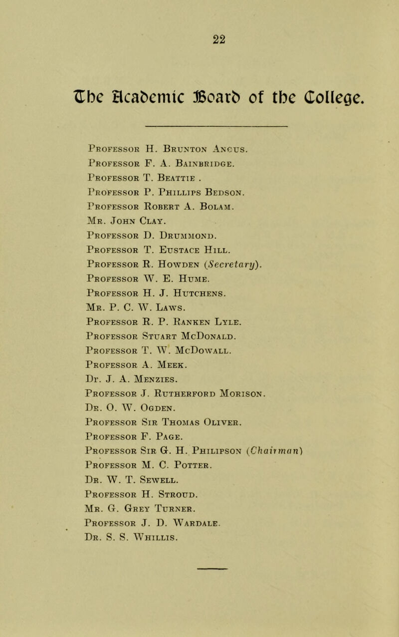 ^be Hcabemic Boarb of the College. Professor H. Brunton Angus. Professor F. A. Bainbridge. Professor T. Beattie . Professor P. Phillips Bedson. Professor Robert A. Bolam. Mr. John Clay. Professor D. Drummond. Professor T. Eustace Hill. Professor R. Howden {Secretary). Professor W. E. Hume. Professor H. J. Hutchens. Mr. P. C. W. Laws. Professor R. P. Ranken Lyle. Professor Stuart McDonald. Professor T. W. McDowall. Professor A. Meek. Dr. J. A. Menzies. Professor J. Rutherford Morison. Dr. O. W. Ogden. Professor Sir Thomas Oliver. Professor F. Page. Professor Sir G. H. Philipson {Chairman) Professor M. C. Potter. Dr. W. T. Sewell. Professor H. Stroud. Mr. G. Grey Turner. Professor J. D. Wardale. Dr. S. S. Whillis.