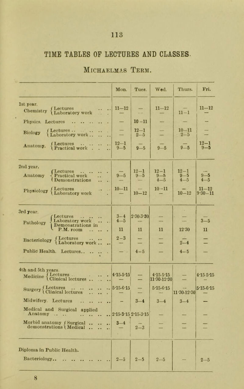 TIME TABLES OF LECTURES AND CLASSES. Michaelmas Term. Mon. Tues. Wed. Thurs. Fri. 1st year. {L^boTaforywork T 11-12 - 11-12 11-1 11-12 Physics. Xiectures - 10-11 - - Rinin.o I Lectures .. Biology Laboratory work — 12-1 2—5 - 10-11 2-5 - 12-1 12-1 Aualuuiy. 1 Practical work . . 9-5 9-5 9-5 9-5 9-5 2nd year. ^Lectures Anatomy ^ Practical work (DemonstratioDs . 9—5 12-1 9-5 12-1 9-5 4-5 12-1 9-5 4-5 9-5 4-5 Physiology 10-11 10-12 10 -11 10-12 11-12 9-30-11 3rd year. r Lectures Patholosv J Laboratory work .. .. r-acnoiogy t Demonstrations in ^ P.M. room 3- 4 4- 5 11 2-30-3-30 11 11 12-30 3-5 11 “oiogy{£rb‘ortWwork:: .. 2-3 — — 2-4 - Public Health. Lectures — 4-5 — 4-5 — 4th and 5th years Medicine __ •• •_ 4-15-5-15 - 4-15 5-15 ll'30-12-30 - 4-155-15 Surgery .. .. .. 5-15-6-15 5-15-6-15 11-30-12-30 5-15-6-15 Midwifery. Lectures - 3-4 3-4 3-4 — Medical and Surgical applied Anatomy .. .. 2-15-3-15 2-15-3-15 Morbid anatomy / .Surgical 3—4 demonstrations (Medical - 2-3 — — — Diploma in Public Health. Bacteriology 2-5 2-5 2-5 — 2-5 8