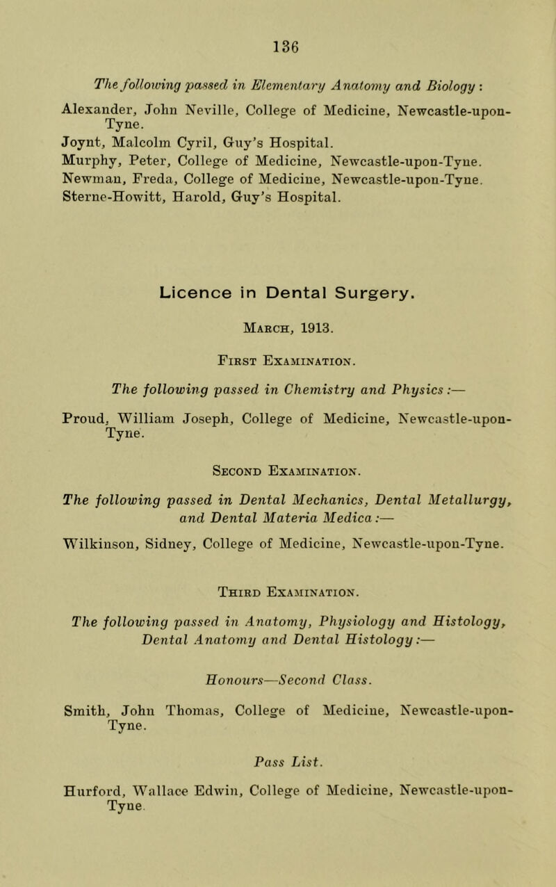 Tht following passed in Elementary Anatomy and Biology : Alexander, John Neville, College of Medicine, Newcastle-upon- Tyne. Joynt, Malcolm Cyril, Guy’s Hospital. Murphy, Peter, College of Medicine, Newcastle-upon-Tyne. Newman. Freda, College of Medicine, Newcastle-upon-Tyne. Sterne-Howitt, Harold, Guy’s Hospital. Licence in Dental Surgery. March, 1913. First Examination. The followmg passed in Chemistry and Physics:— Proud, William Joseph, College of Medicine, Newcastle-upon- Tyne. Second Examination. The following passed in Dental Mechanics, Dental Metallurgy, and Dental Materia Medica:—• Wilkinson, Sidney, College of Medicine, Newcastle-upon-Tyne. Third Examination. The following passed in Anatomy, Physiology and Histology, Dental Anatomy and Dental Histology:— Honours—Second Class. Smith, John Thomas, College of Medicine, Newcastle-upon- Tyne. Pass List. Hurford, Wallace Edwin, College of Medicine, Newcastle-upon-