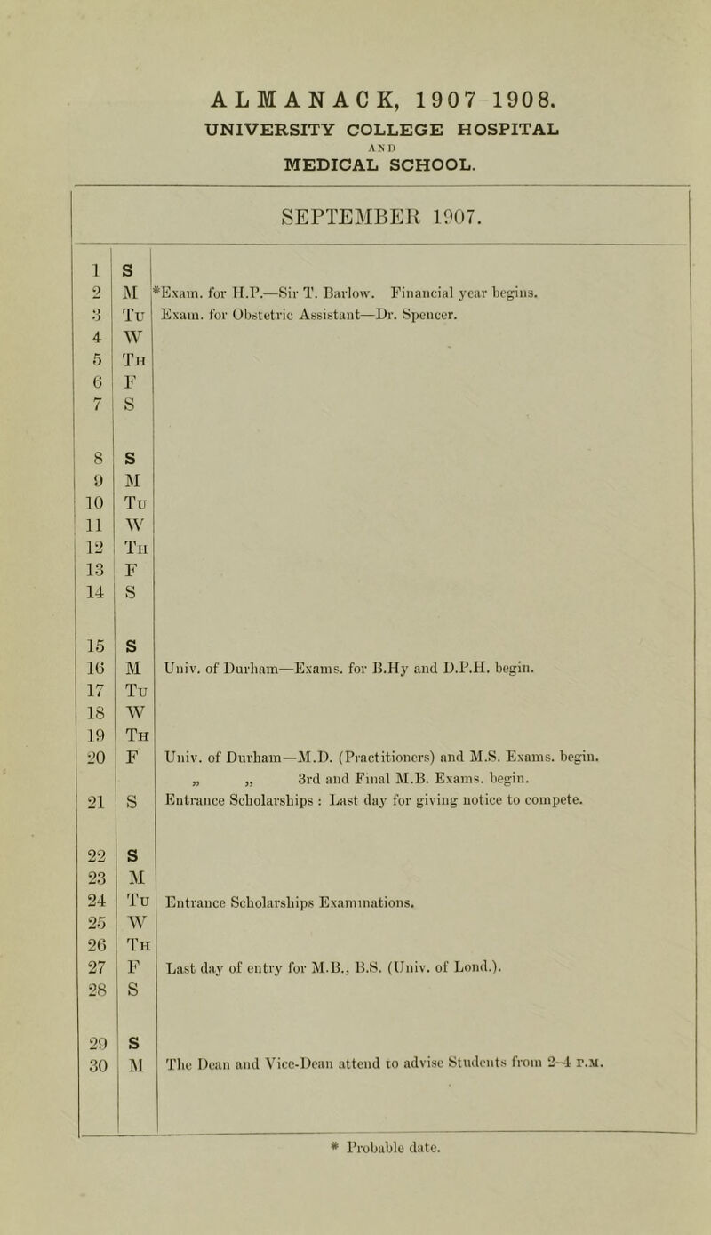 ALMANACK, 1907-1908. UNIVERSITY COLLEGE HOSPITAL AND MEDICAL SCHOOL. ( SEPTEMBER 1907. i 1 , S 2 M “’Exam, for 11.P.—Sir T. Barlow. Financial year begins. ;3 Tu Exam, for Obstetric Assistant—i)r. Spencer. 4 W 5 Tn 6 F 7 i S 8 s ‘J M ! 10 Tu 11 ^V i 12 Th 13 F 14 S 15 s 16 M Univ. of Durham—Exams, for B.Hy and D.P.H. begin. 17 Tu 18 W 10 Th 20 F Univ. of Durham—M.D. (Practitioners) and M.S. Exams, begin. „ j, 3rd and Final M.B. Exams, begin. 21 S Entrance Scholarships : Last day for giving notice to compete. 22 s 23 M 24 Tu Entrance Scholarships Examinations. 25 W 26 4’h 27 F Last day of entry for M.B., B.S. (Univ. of Lond.). 28 S 20 s 30 M The Dean and Vice-Dean attend to advise Students from 2-4 p.m.