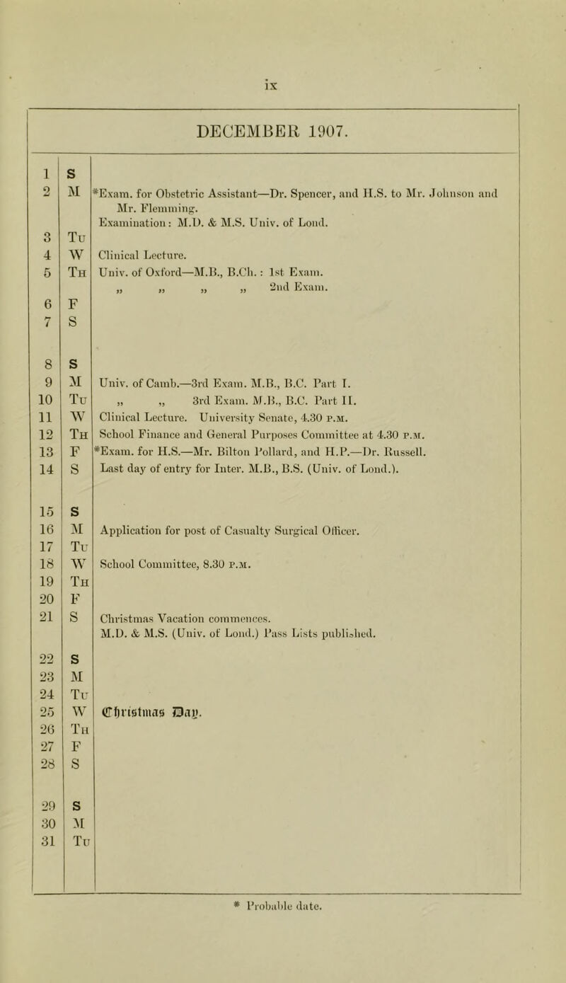 DECEMBEU 1907. 1 S 2 iM *Exam. for Obstetric Assistant—Dr. Spencer, anil 11.S. to Mr. .Johnson ami Mr. Flemming:. Examination: M.l). & M.S. Univ. of Loml. 8 Tu 4 W Clinical Lecture. 5 Th Univ. of Oxford—M.B., IJ.Cli. : 1st Exam. „ „ „ „ 2ml Exam. 6 F 7 S 8 s 9 M Univ. of Camb.—3rd Exam. M.R., 15.C. Part I. 10 Tu „ „ 3rd Exam. M.H., B.C. Part 11. 11 W Clinical Lecture. University Senate, 4.30 p.m. ^ 12 Th School Finance and General Purposes Committee at 4.30 p.m. 13 F *Exam. for H.S.—Mr. Bilton Pollard, and H.P.—Dr. Bussell. 14 S Last day of entry for Inter. M.B., B.S. (Univ. of Loud.). 15 S 16 M Applic.ation for post of Casualty Surgical Otlicer. 17 Tu 18 W School Committee, 8.30 p.m. 19 Th 20 F 21 S Christmas Vacation commences. M.D. & M.S. (Univ. of Loud.) Pass Lists published. 22 s 23 M 24 Tu 25 W (ffluistmas Daij. 26 Tu 1 27 F 28 S 29 s 30 M 31 Tu