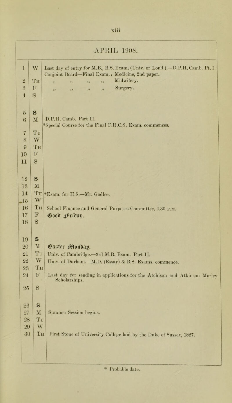 XUl AI’I{IL IDO.S. 1 W Last (lay of entry for M.]?., ILS.Exam. (Univ. of Lond.).—D.IMI. Caml). Ft. I. Conjoint Hoard—Final Exam.; Medicine, 2nd paper. Th „ „ „ „ Midwifery. 3 F „ >. .. Surgery. •i S o s (j D.F.ir. Caml). Fart II. *Sp'jciiil Course tor the Final F.R.C.S. Exam, commences. 7 Tu 8 W 9 Tn ; 10 F ! S 1 1 12 s 13 M 14 Tu *Exam. for H.S.—Mr. Godlee. .10 W 16 Th School Finance and General Purposes Committee, 4.30 p.m. 1 17 F tSoolt jfnliaj). ! 18 1 1 S 19 s i 20 1 M tPastfv /Monliai). i 21 1 Tu Univ. of Cambridge.—3rd M.H. Exam. Part II. 22 i 1 Univ. of Durham.—M.D. (Essay) & H.S. Exams, commence. i ^ Th ‘ -’4 1 F Last day for sending in applications for the Atchison and Atkinson Morley Scholarships. Of ; S i 1 ^ s 1 27 i .M j Summer Session begins. ' 28 1 Tu i 29 1 1 30 ; Th 1 First Stone of University College laid by the Duke of Sussex, 1827. * I’loljublu itutu.