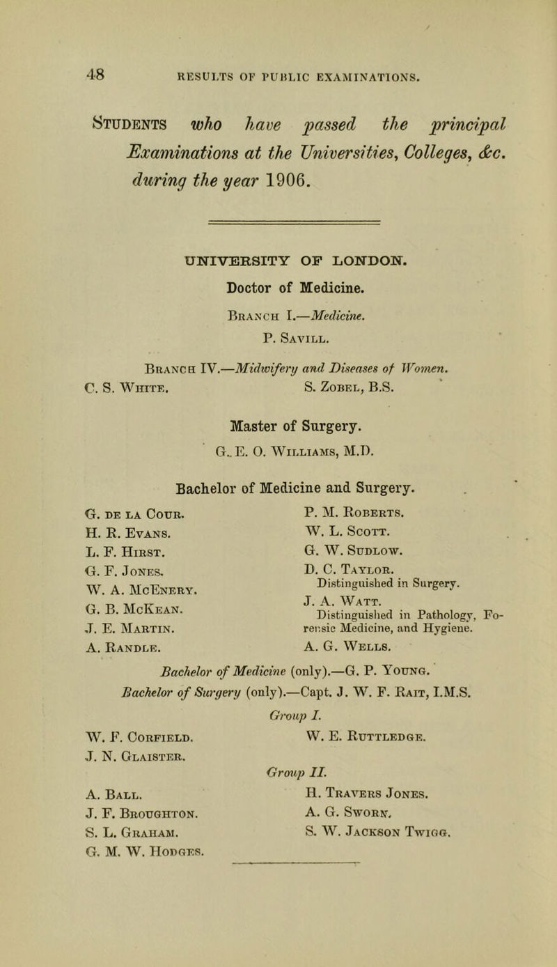 1.8 Students who have passed the principal Examinations at the Universities^ Colleges, &c. during the year 1906. UNIVERSITY OF LONDON. Doctor of Medicine. Branch I.—Medicine. P. Savill. Branch IV.—Midwifery and Diseases of Woinen. C. S. White. S. Zobel, B.S. Master of Surgery. G.. E. 0. Williams, M.I). Bachelor of Medicine and Surgery. G. DE la Cour. H. R. Evans. L. F. Hirst, G. F. Jones. W. A. McEnery. G. B. McKean. J. E. Martin. A. Randle. P. M. Roberts. W. L. Scott. G. W. SUDLOW. D. C. Taylor. Distinguished in Surgery. J. A. Watt. Distinguished in Pathology, Fo- rer.sic Medicine, and Hygiene. A. G. Wells. Bachelor of Medicine (only).—G. P. Young. Bachelor of Surgery (only).—Capt. J. W. F. Rait, I.M.S. W. F. OORFIELD. J. N. Glaister. A. Ball. J. F. Broughton. S. L. Graham. G, M. W. Hodges. Group I. W. E. Ruttledge. Groxhp II. H. Travers Jones. A. G. SWORY, S. W. Jackson Twigo.