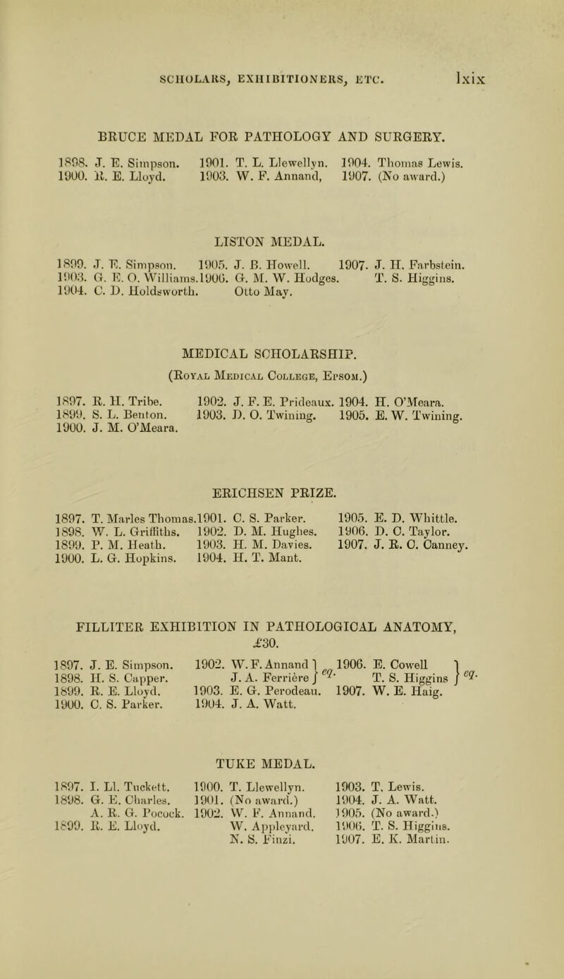 BRUCE MEDAL FOR PATHOLOGY 1808. iT. E. Simpson. I'JOO. R. E. Lloj-cl. 1901. T. L. Llewell.vn. 1903. W. F. Annancl, LISTON MEDAL. AND SURGERY. 1904. Tliomas Lewis. 1907. (No award.) 1899. J. E. Simpson. lOO.). J. B. Howell. 1907. J. H. Farbstein, 190;5. G. E. O. Williams. 1900. G. M. W. Hodges. T. S. Higgins. 1904. C. D. Holdswortli. Otto May. MEDICAL SCHOLARSHIP. (Royal Medical College, Ep.som.) 1897. R. H. Tribe. 1902. J. F. E. Prideaux. 1904. H. O’Meara. 1899. S. L. Benton. 1903. D. O. Twining. 1905. E. W. Twining. 1900. J. M. O’AIeara. ERICHSEN PRIZE. 1897. T. Maries Thomas.1901. C. S. Parker. 1905. E. D. Whittle. 1898. W. L. Griffiths. 1902. D. M. Hughes. 1906. D. 0. Taylor. 1899. P. M. Heath. 1903. H. M. Davies. 1907. J. B. 0. Oanuey. 1900. L. G. Hopkins. 1904. H. T. Mant. FILLITER EXHIBITION IN PATHOLOGICAL ANATOMY, i-30. 1902. W. F. Annand ) 1906. E. Cow-ell I J. A. Ferriere j ” T. S. Higgins / 1903. E. G. Perodean. 1907. W. E. Haig. 1904. J. A. Watt. 1897. J. E. Simpson. 1898. H. S. Capper. 1899. R. E. Lloyd. 1900. C. S. Parker. TUKE MEDAL. 1903. T. Lewis. 1904. J. A. Watt. 1905. (No award.) 1906. T. S. Higgins. 1907. E. K. Marlin. 1897. I. LI. Tuckett. 1900. T. Llewellyn. 1898. G. E. Charles. 1901. (No award.) A. R. G. Pocoek. 1902. W. F. Annand. 1899. R. E. Lloyd. W. Appleyard. N. S. Finisi.