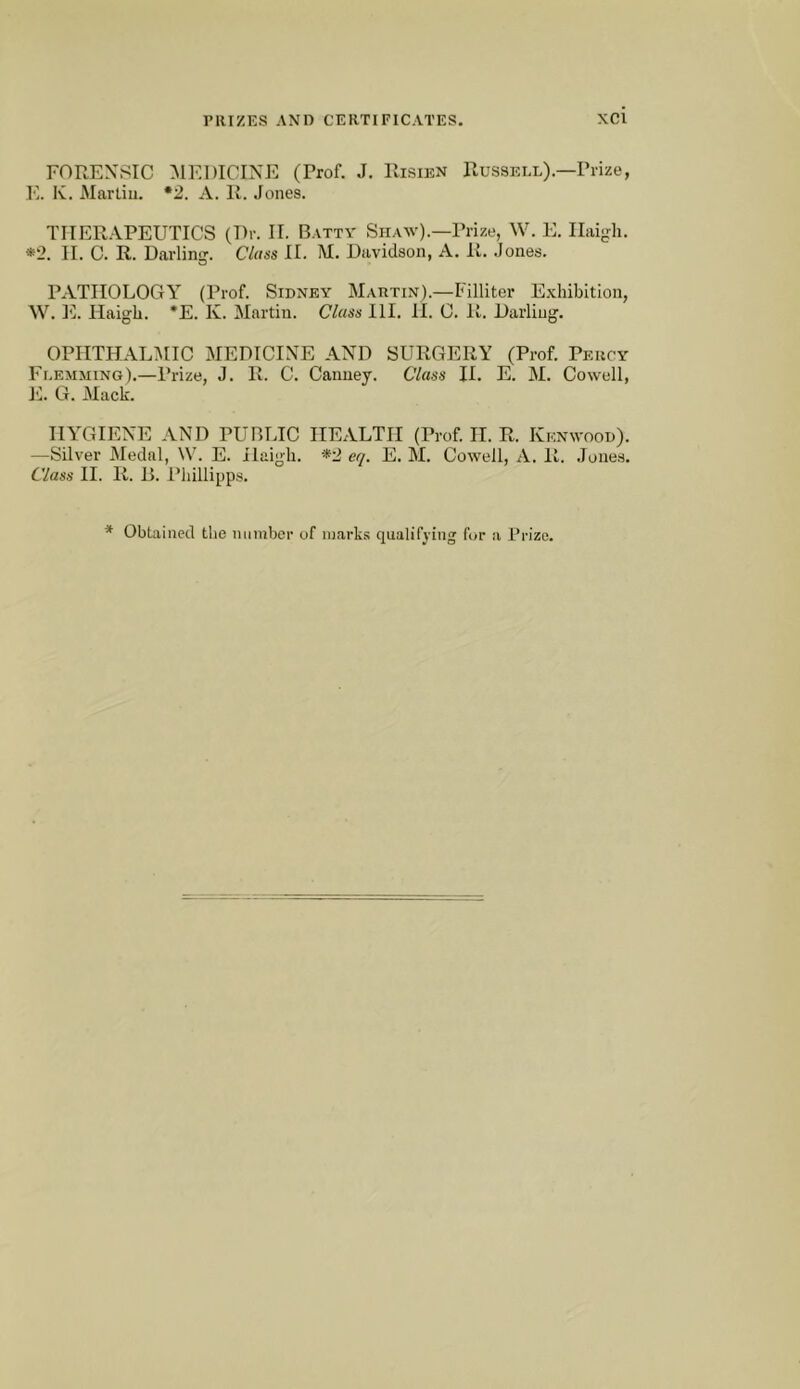 PRIZES AND CERTIFICATES. XCl FORENSIC MEDICINE (Frof. J. Risien Russell).—Prize, I'i. Iv. Marliu. *2. A. R. Jones. THERAPEUTICS (Dr. II. Batty Shaw).—Prize, W. E. Ilaigh. *2. II. C. R. Darling. Class II. M. Davidson, A. R. .Jones. PATHOLOGY (Prof. Sidney Martin).—Filliter E.xhibition, W. 1']. Ilaigli. ’E. K. Martin. Class HI. II. C. R. Darling. OPITTHALiMIC MEDICINE AND SURGERY (Prof. Percy Flemming).—Prize, J. R. C. Canney. Class II. E. M. Cowell, E. G. Mack. HYGIENE AND PUBLIC HEALTH (Prof. H. R. Kenwood). —Silver Medal, \V. E. ilaigli. *2 eq. E. M. Cowell, A. R. .lones. Class II. R. D. I’liillipps.