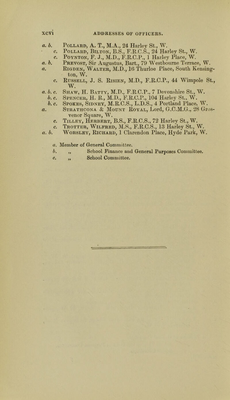 a. b. Pollard, A. T., M.A., 24 Harley St., W. c. Pollard, Bilton, B.S., F.R.C.S., 24 Harley St., W. c. POYNTON, F. .1., M.I)., F.R.C.P., 1 Harley Place, W. a. h. Prevost, Sir Augustus, Bart., 79 Westboume Terrace, VV. a. Rigden, Walter, M.D., 10 Tliurloe Place, South Kensing- ton, W. c. Russell, J. S. Risien, M.D., F.R.C.P., 44 Wimpole St., W. a. h. c. Shaw, H. Batty, M.D., F.R.C.P., 7 Devon.shire St., W. h. c. Spencer, H. R., M.D., F.R.C.P., 104 Harley St., W. b, c. Spokes, Sidney, M.R.C.S., L.D.S., 4 Portland Place, W. «. Strathcona & Mount Royal, Lord, G.C.M.G., 28 Gro.s- venor Square, W. c. Tilley, Herbert, B.S., F.R.C.S., 72 Harley St., W. c. Trotter, Wilfred, M.S., F.R.C.S., 13 Harley St., W. a. b. WoRSLEY, Richard, 1 Clarendon Place, Hyde Park, W. a. Member of General Committee. h. „ School Finance and General Purposes Committee. c. ,, School Committee.