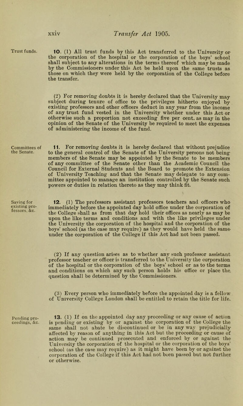 Trust funds. Committees of the Senate. Saving for existing pro- fessors, &c. Pending pro- ceedings, &c. 10. (1) All trust funds by this Act transferred to the University or the corporation of the hospital or the corporation of the boys’ school shall subject to any alterations in the terms thereof which may be made by the Commissioners under this Act be held upon the same trusts as those on which they were held by the corporation of the Colleg-e before the transfer. (2) For removing doubts it is hereby declared that the University may subject during tenure of office to the privileges hitherto enjoyed by existing professors and other officers deduct in any year from the income of any trust fund vested in the University whether under this Act or otherwise such a proportion not exceeding five per cent, as may in the opinion of the Senate of the University be required to meet the expenses of administering the income of the fund. 11. For removing doubts it is hereby declared that without prejudice to the general control of the Senate of the University persons not being members of the Senate may be appointed by the Senate to be members of any committee of the Senate other than the Academic Council the Council for External Students and the Board to promote the Extension of University Teaching and that the Senate may delegate to any com- mittee appointed to manage an institution controlled by the Senate such powers or duties in relation thereto as they may think fit. 12. (1) The professors assistant professors teachers and officers who immediately before the appointed day hold office under the corporation of the College shall as from that day hold their offices as nearly as may be upon the like terms and conditions and with the like privileges under the University the corporation of the hospital and the coi-poration of the boys’ school (as the case may require) as they would have held the same- under the corporation of the College if this Act had not been passed. (2) If any question arises as to whether any such professor assistant professor teacher or officer is transferred to the University the corporation of the hospital or the corporation of the boys’ school or as to the terms and conditions on which any such person holds his office or place the,, question shall be determined by the Commissioners. (3) Every person who immediately before the appointed day is a fellow of University College London shall be entitled to retain the title for life. 13. (1) If on the appointed day any proceeding or any cause of action is pending or existing by or against the corporation of the College the same shall not abate be discontinued or be in any way prejudicially affected by reason of anything in this Act but the proceeding or cause of action may be continued prosecuted and enforced by or against the University the corporation of the hospital or the corporation of the boys' school (as the case may require) as it might have been by or against the corporation of the College if this Act had not been passed but not further or otherwise.