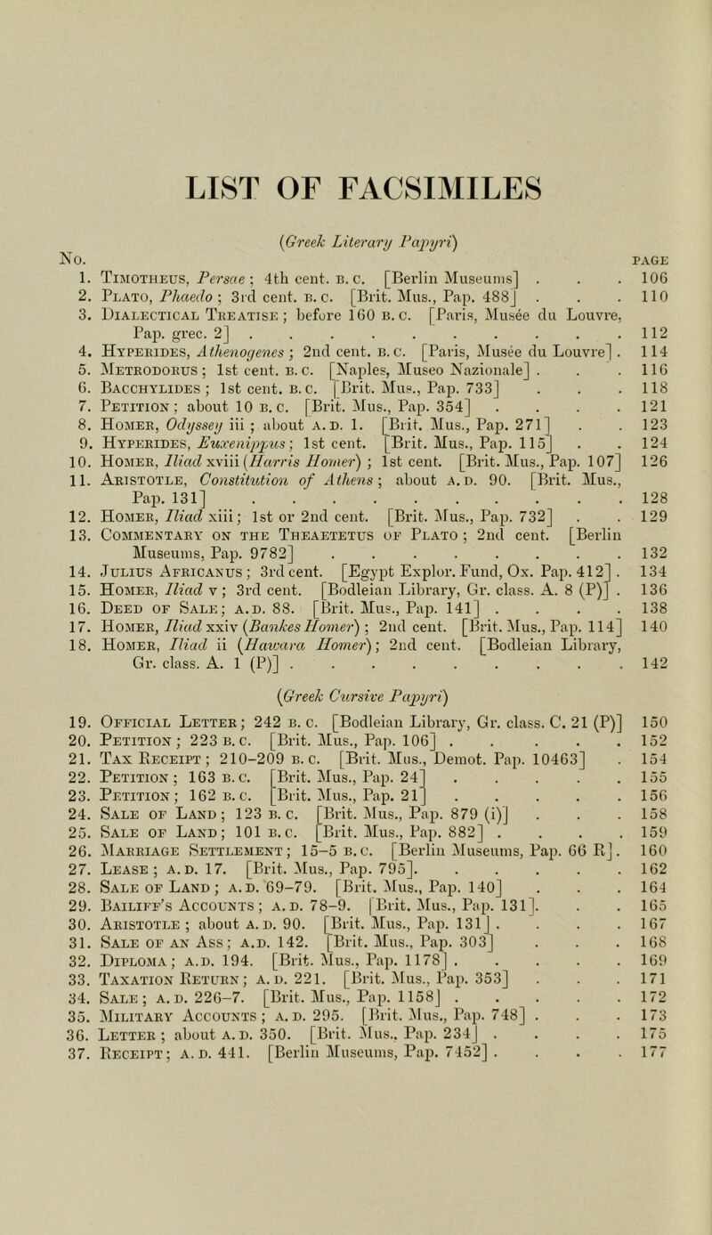 LIST OF FACSIMILES {Greek Literary Fai^yri) No. 1. Timotheus, ; 4th cent. b.c. [Berlin Museums] . 2. Plato, Phaedo ; 3id cent. n. c. [Brit. Mus., Pap. 488J 3. Dialectical Treatise; before 160 b.c. [Pai’is, Musee clu Louvre, Pap. grec. 2] ......... . 4. Hyperides, Athenogenes 2nd cent. B.c. [Paris, Musee du Louvre] . 5. Metrodores ; 1st cent. b. c. [Naples, Museo Nazionale] . 6. Bacchylides ; Istcent. b. c. [Brit. Mus., Pap. 733] 7. Petition; about 10 b.c. [Brit. Mus., Pap. 354] . . . . 8. Homer, Odyssey iii ; about A. D. 1. [Brit. Mus., Pap. 271] 9. Hyperides, EuxenipjAis ] 1st cent. [Brit. Mus., Paji. 115] 10. Homer, HmcZ xviii (i/ftm's i/o?/ier) ; Istcent. [Brit. Mus., Pap. 107] 11. Aristotle, Constitution of Athens-, about a.d. 90. [Brit. Mus., Pap. 131] 12. Homer,/Z2afZ xiii; 1st or 2nd cent. [Brit. Mus., Pap. 732] 13. Commentary on the Theaetetus of Plato; 2nd cent. [Berlin Museums, Pap. 9782] ........ 14. Julius Africanus ; 3rd cent. [Egypt Explor. Fund, Ox. Pap. 412] . 15. Homer, Iliad v ; 3rd cent. [Bodleian Librai’y, Gr. class. A. 8 (P)] . 16. Deed of Sale; a.d. 88. [Brit. Mus., Pap. 141] . . . . 17. Homer,/ZmcZ xxiv (Afui/tesi/ome?') ; 2nd cent. [Brit. Mus., Pap. 114] 18. Homer, Iliad ii {Haioara Homer')] 2nd cent. [Bodleian Library, Gr. class. A. 1 (P)] ......... PAGE 106 no 112 114 116 118 121 123 124 126 128 129 132 134 136 138 140 142 {Greek Cursive Pajyyri) 19. Official Letter; 242 b. c. [Bodleian Library, Gr. class. C. 21 (P)] 20. Petition; 223 b. c. [Brit. Mus., Pap. 106] . . . . . 21. Tax PiECEIPt ; 210-209 b.c. [Brit. Mus., Demot. Pap. 10463] 22. Petition; 163 b.c. Brit. Mus., Pap. 24 . . . . . 23. Petition; 162 b. c. Brit. Mus., Pap. 21 . . . . . 24. Sale of Land; 123 b.c. [Brit. Mus., Pap. 879 (i)] 25. Sale of Land; 101 b.c. [Brit. Mus., Pap. 882] . . . . 26. Marriage Settlement; 15-5 b.c. [Berlin Museums, Pap. 66 R]. 27. Lease; a.d. 17. [Brit. Mus., Paji. 795]. . ... . 28. Sale of Land; a.d. 69-79. [Brit. Mus., Pap. 140] 29. Bailip'f’s Accounts ; a.d. 78-9. | Brit. Mus., Pap. 131]. 30. Aristotle; about a.d. 90. [Brit, lius.. Pap. 131] . . . . 31. Sale of an Ass; a.d. 142. [Brit. Mus., Pap. 303] 32. Diploma; a.d. 194. [Brit. Mus., Pap. 1178] . . . . . 33. Taxation Return ; A. D. 221. [Brit. Mus., Pap. 353] 34. Sale; a.d. 226-7. [Brit. Mus., Pap. 1158] 35. Military Accounts; a.d. 295. [Brit. IMus., Pap. 748] . 36. Letter; about a.d. 350. [Brit. Mus., Paji. 234] . . . . 37. Receipt; a.d. 441. [Berlin Museums, Pap. 7452] . 150 152 154 155 156 158 159 160 162 164 165 167 168 169 171 172 173 175 177