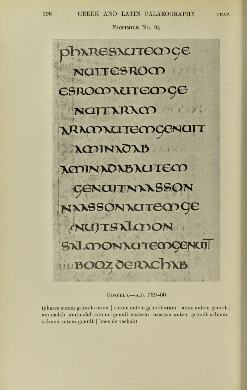 Facsimile No. 94 'pl^xTieaivOTecr) 96 ; TMunresTiocr) iNaiTXRXOD >4- 't5l XITxa[T\oTecr>9eNaiT il.TvCniTKTVDXD - -- 7y0r>i?sr>DX5XUTecr) 9^U7T?W'XSSqN ^TNXXS S ONXCITeOD /nci^tstCLcoom S>lcno>JXOTGa:)9e^rd7r .. i f Boaz oenxcbxD 'J jri t. : ! ■ V Gospels.—a.d. 739-60 (phares autein ge'nuit esrom | esrom autem ge|niut aram | avam autem genuit ] aminaclab | aminaclab autem | genuit naasson [ naasson autem ge|nuit salmon salmon autem genuit | booz de vachab)