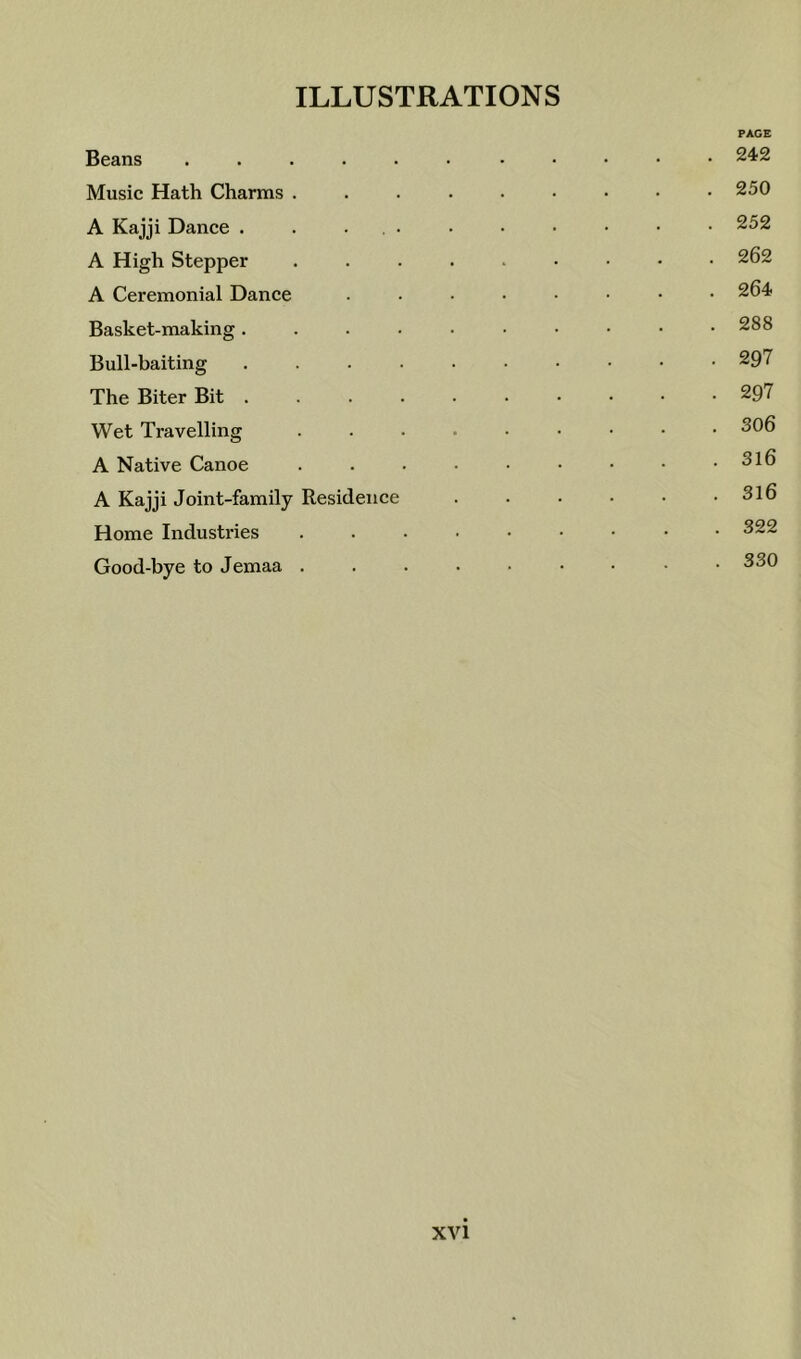 PAGE Beans 24-2 Music Hath Charms 250 A Kajji Dance . . . . • • • • • • • 252 A High Stepper 262 A Ceremonial Dance 264 Basket-making 288 Bull-baiting 297 The Biter Bit 297 Wet Travelling 306 A Native Canoe . . • • • • ■ • .316 A Kajji Joint-family Residence . . • • • .316 Home Industries 322 Good-bye to Jemaa 330