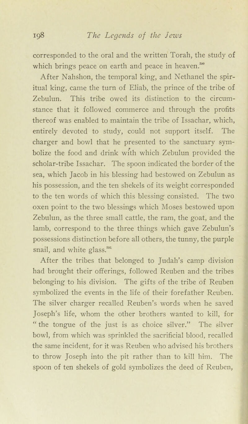 corresponded to the oral and the written Torah, the study of which brings peace on earth and peace in heaven.31'0 After Nahshon, the temporal king, and Nethanel the spir- itual king, came the turn of Eliab, the prince of the tribe of Zebulun. This tribe owed its distinction to the circum- stance that it followed commerce and through the profits thereof was enabled to maintain the tribe of Issachar, which, entirely devoted to study, could not support itself. The charger and bowl that he presented to the sanctuary sym- bolize the food and drink with which Zebulun provided the scholar-tribe Issachar. The spoon indicated the border of the sea, which Jacob in his blessing had bestowed on Zebulun as his possession, and the ten shekels of its weight corresponded to the ten words of which this blessing consisted. The two oxen point to the two blessings which Moses bestowed upon Zebulun, as the three small cattle, the ram, the goat, and the lamb, correspond to the three things which gave Zebulun’s possessions distinction before all others, the tunny, the purple snail, and white glass.301 After the tribes that belonged to Judah’s camp division had brought their offerings, followed Reuben and the tribes belonging to his division. The gifts of the tribe of Reuben symbolized the events in the life of their forefather Reuben. The silver charger recalled Reuben’s words when he saved Joseph’s life, whom the other brothers wanted to kill, for “ the tongue of the just is as choice silver.” The silver bowl, from which was sprinkled the sacrificial blood, recalled the same incident, for it was Reuben who advised his brothers to throw Joseph into the pit rather than to kill him. The spoon of ten shekels of gold symbolizes the deed of Reuben,