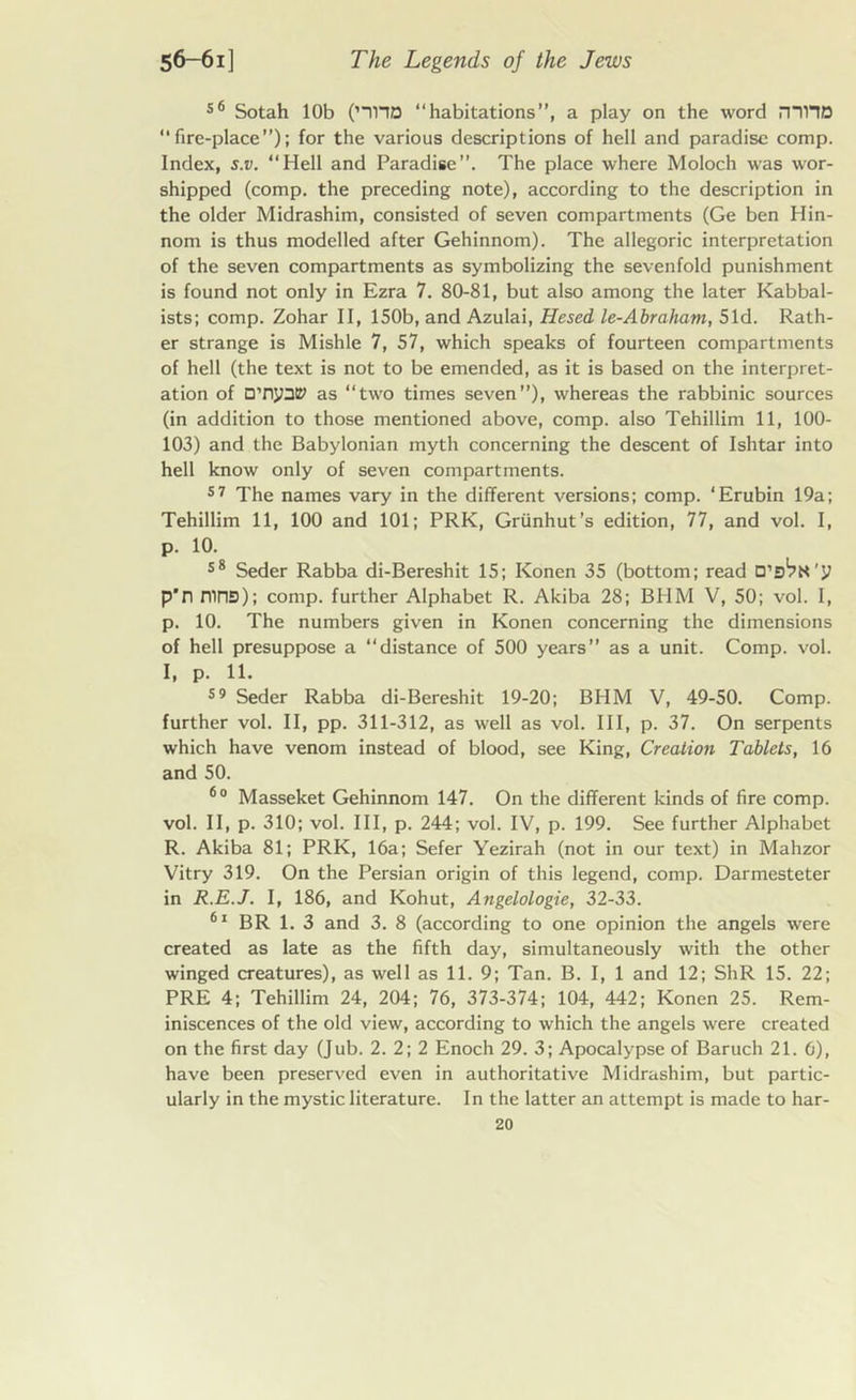 56 Sotah 10b (HUD “habitations”, a play on the word mHD “fire-place”); for the various descriptions of hell and paradise comp. Index, s.v. “Hell and Paradise”. The place where Moloch was wor- shipped (comp, the preceding note), according to the description in the older Midrashim, consisted of seven compartments (Ge ben Hin- nom is thus modelled after Gehinnom). The allegoric interpretation of the seven compartments as symbolizing the sevenfold punishment is found not only in Ezra 7. 80-81, but also among the later Kabbal- ists; comp. Zohar II, 150b, and Azulai, Hesed le-Abraham, 51d. Rath- er strange is Mishle 7, 57, which speaks of fourteen compartments of hell (the text is not to be emended, as it is based on the interpret- ation of D’nyatP as “two times seven”), whereas the rabbinic sources (in addition to those mentioned above, comp, also Tehillim 11, 100- 103) and the Babylonian myth concerning the descent of Ishtar into hell know only of seven compartments. 57 The names vary in the different versions; comp. ‘Erubin 19a; Tehillim 11, 100 and 101; PRK, Griinhut’s edition, 77, and vol. I, p. 10. s8 Seder Rabba di-Bereshit 15; Konen 35 (bottom; read D’S^N'y p’n mns); comp, further Alphabet R. Akiba 28; BUM V, 50; vol. I, p. 10. The numbers given in Konen concerning the dimensions of hell presuppose a “distance of 500 years” as a unit. Comp. vol. I, p. 11. 59 Seder Rabba di-Bereshit 19-20; BHM V, 49-50. Comp, further vol. II, pp. 311-312, as well as vol. Ill, p. 37. On serpents which have venom instead of blood, see King, Creation Tablets, 16 and 50. 60 Masseket Gehinnom 147. On the different kinds of fire comp, vol. II, p. 310; vol. Ill, p. 244; vol. IV, p. 199. See further Alphabet R. Akiba 81; PRK, 16a; Sefer Yezirah (not in our text) in Mahzor Vitry 319. On the Persian origin of this legend, comp. Darmesteter in R.E.J. I, 186, and Kohut, Angelologie, 32-33. 61 BR 1. 3 and 3. 8 (according to one opinion the angels were created as late as the fifth day, simultaneously with the other winged creatures), as well as 11. 9; Tan. B. I, 1 and 12; ShR 15. 22; PRE 4; Tehillim 24, 204; 76, 373-374; 104, 442; Konen 25. Rem- iniscences of the old view, according to which the angels were created on the first day (Jub. 2. 2; 2 Enoch 29. 3; Apocalypse of Baruch 21. 6), have been preserved even in authoritative Midrashim, but partic- ularly in the mystic literature. In the latter an attempt is made to har-