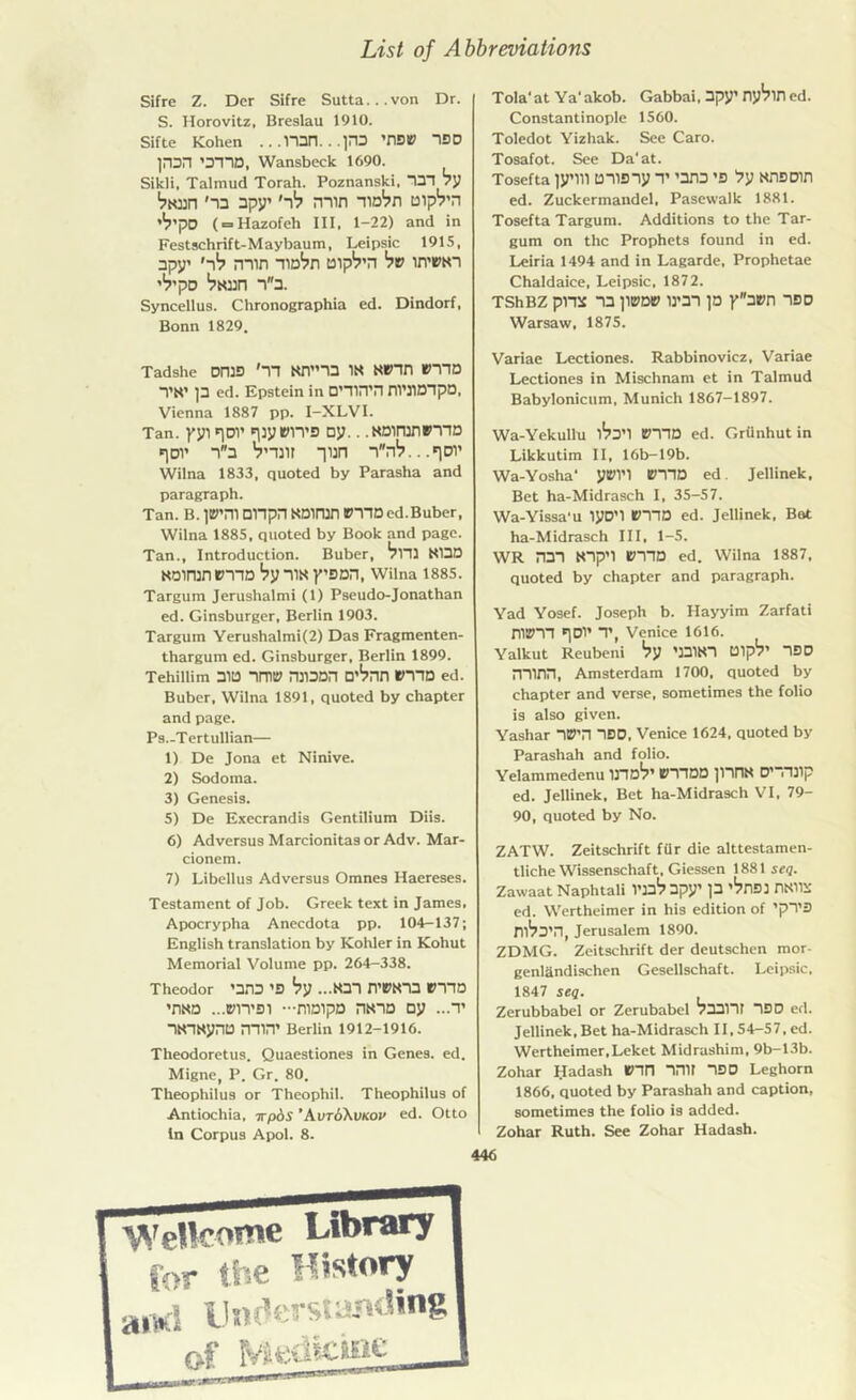 Sifre Z. Dcr Sifre Sutta...von Dr. S. Horovitz, Breslau 1910. Sifte Kohen ...ran...pi) ’T130 HDD jll371 anna, Wansbeck 1690. Sikli, Talmud Torah. Poznanski, 131 7y *?Kun '13 spy’ '-)b min iin^n Dip7’7i ’V’pD (= Hazofeh III, 1-22) and in Festschrift-Maybaum, Leipsic 1915, spy’ 'i1? min no^n mpS’n bv in’rtn ’*7’pD 13. Syncellus. Chronographia ed. Dindorf, Bonn 1829. Tadshe Dnis 'n Nri”i3 i« win ®11D 1’N’ ]3 ed. Epstein in D'Hl’l ni’llDipO, Vienna 1887 pp. I-XLVI. Tan. pyi «ioi’ ^iy 0iTB Dy.. .KDiranniD *]Di’ i3 Tim inn ~\rb.. .hdv Wilna 1833, quoted by Parasha and paragraph. Tan. B. p’711 Dlipn KDlllin ®HDed.Buber, Wilna 1885, quoted by Book and page. Tan., Introduction. Buber, *7113 K13D Koiran tmn by nx psnn, wilna 1885. Targum Jerushalmi (1) Pseudo-Jonathan ed. Ginsburger, Berlin 1903. Targum Yerushalmi(2) Das Fragmenten- thargum ed. Ginsburger, Berlin 1899. Tehillim 3113 IIT® 131301 D'^ll »110 ed. Buber, Wilna 1891, quoted by chapter and page. Ps.-Tertullian— 1) De Jona et Ninive. 2) Sodoma. 3) Genesis. 5) De Execrandis Gentilium Diis. 6) Adversus Marcionitas or Adv. Mar- cionem. 7) Libellus Adversus Omnes Haereses. Testament of Job. Greek text in James, Apocrypha Anecdota pp. 104-137; English translation by Kohler in Kohut Memorial Volume pp. 264-338. Theodor '313 '3 *7y ...N31 TIWO rilD ’nso ...wiTDi —moipD nmo Dy ...t INlKyiD min’ Berlin 1912-1916. Theodoretus. Quaestiones in Genes, ed. Migne, P. Gr. 80. Theophilus or Theophil. Theophilus of Antiochia, irpos ’Avt6\vkov ed. Otto In Corpus Apol. 8. Tola'at Ya'akob. Gabbai, 3py’ ny*7H ed. Constantinople 1560. Toledot Yizhak. See Caro. Tosafot. See Da'at. Tosefta jy’lll DllBiy 1’ ’313 ’3 7y WIBDin ed. Zuckermandel, Pasewalk 1881. Tosefta Targum. Additions to the Tar- gum on the Prophets found in ed. Leiria 1494 and in Lagarde, Prophetae Chaldaice, Leipsic, 1872. TShBZ pm 13 )10D» 13'31 ]D p3»n 1BD Warsaw, 1875. Variae Lectiones. Rabbinovicz, Variae Lectiones in Mischnam et in Talmud Babylonicum, Munich 1867-1897. Wa-Yekullu l^S’l BH1D ed. GrUnhut in Likkutim II, 16b- 19b. Wa-Yosha‘ yttH’l BUD ed. Jellinek, Bet ha-Midrasch I, 35-57. Wa-Yissa'u iyD’1 011D ed. Jellinek, Bat ha-Midrasch III, 1-5. WR 7131 Nlp’l B110 ed. Wilna 1887, quoted by chapter and paragraph. Yad Yosef. Joseph b. Hayyim Zarfati nizm *]D1* T, Venice 1616. Yalkut Reubeni by ’331N1 Dip1?’ 1SD mini, Amsterdam 1700, quoted by chapter and verse, sometimes the folio is also given. Yashar 1®’! 1DD, Venice 1624, quoted by Parashah and folio. Yelammedenu UlO1?’ 011DD JllTO D’lllip ed. Jellinek, Bet ha-Midrasch VI, 79- 90, quoted by No. ZATW. Zeitschrift fUr die alttestamen- tliche Wissenschaft, Giessen 1881 seq. Zawaat Naphtali V331? 3py’ p ’VnBl n«HS ed. Wertheimer in his edition of 'pl’3 ni^B’n, Jerusalem 1890. ZDMG. Zeitschrift der deutschen mor- genlandischen Gesellschaft. Leipsic, 1847 seq. Zerubbabel or Zerubabel 733111 13 0 ed. Jellinek, Bet ha-Midrasch II, 54-57, ed. Wertheimer,Leket Midrashim, 9b-13b. Zohar Hadash ®in 17111 13 D Leghorn 1866, quoted by Parashah and caption, sometimes the folio is added. Zohar Ruth. See Zohar Hadash.
