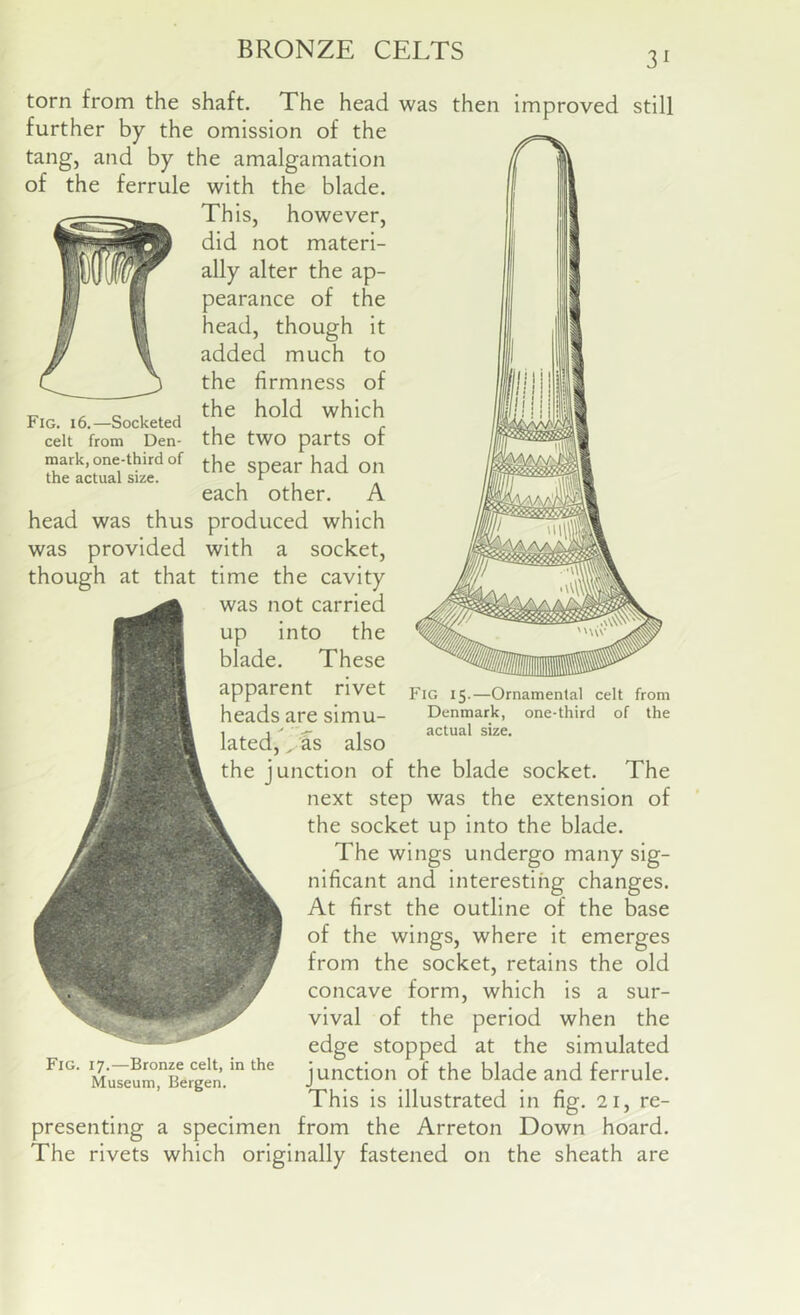3^ torn from the shaft. The head was then improved still further by the omission of the tang, and by the amalgamation of the ferrule with the blade. This, however, did not materi- ally alter the ap- pearance of the head, though it added much to the firmness of 17 ^ e 1 . j the hold which Fig. 16.—Socketed celt from Den- the tWO parts ot mark, one-third of the Spear had Oil the actual size. r each other. A head was thus produced which was provided with a socket, though at that time the cavity was not carried up into the blade. These apparent rivet —Ornamental celt from heads are simu- Denmark, one-third of the , j ' , actual size. fated, ^ as also the junction of the blade socket. The next step was the extension of the socket up into the blade. The wings undergo many sig- nificant and interesting changes. At first the outline of the base of the wings, where it emerges from the socket, retains the old concave form, which is a sur- vival of the period when the edge stopped at the simulated junction of the blade and ferrule. This is illustrated in fig. 2i, re- presenting a specimen from the Arreton Down hoard. The rivets which originally fastened on the sheath are Fig. 17.—Bronze celt, in the Museum, Bergen.