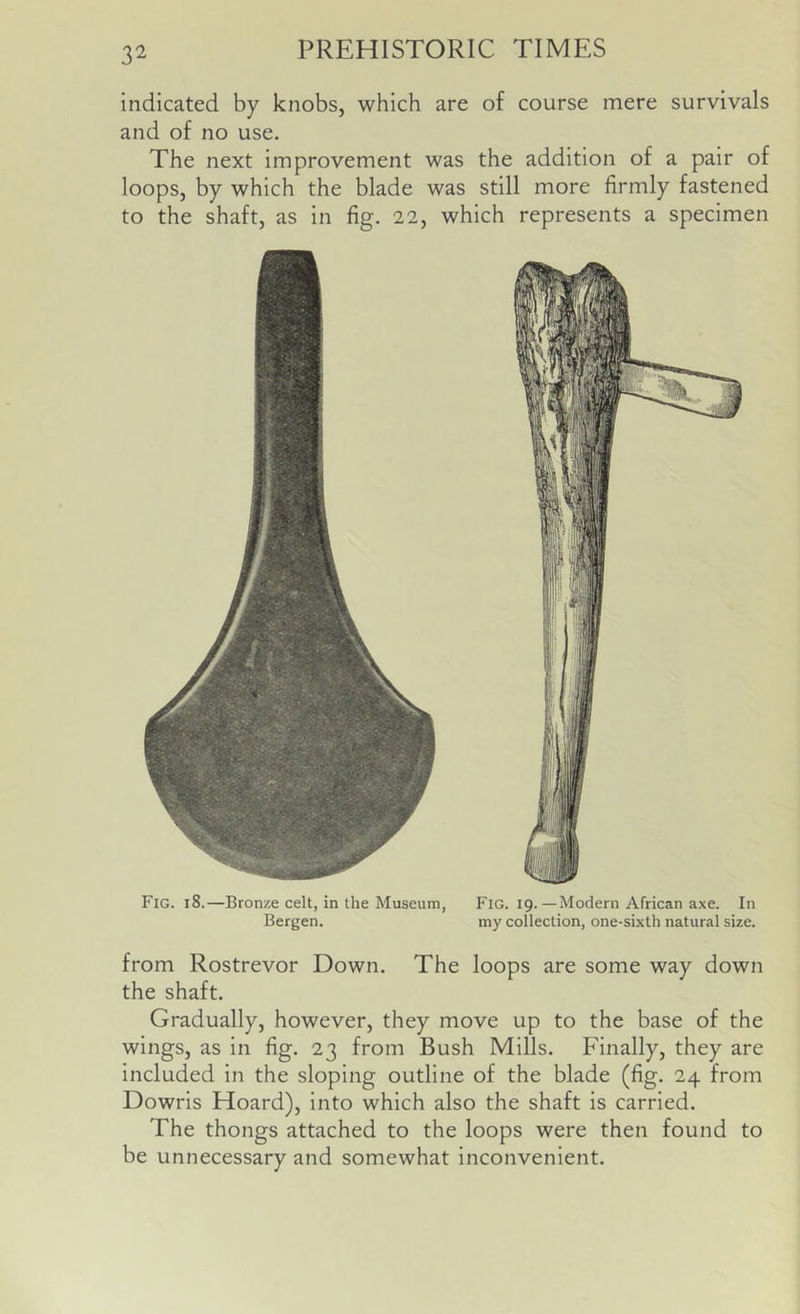 indicated by knobs, which are of course mere survivals and of no use. The next improvement was the addition of a pair of loops, by which the blade was still more firmly fastened to the shaft, as in fig. 22, which represents a specimen Fig. 18.—Bronze celt, in the Museum, Fig. 19.—Modern African axe. In Bergen. my collection, one-sixth natural size. from Rostrevor Down. The loops are some way down the shaft. Gradually, however, they move up to the base of the wings, as in fig. 23 from Bush Mills. Finally, they are included in the sloping outline of the blade (fig. 24 from Dowris Hoard), into which also the shaft is carried. The thongs attached to the loops were then found to be unnecessary and somewhat inconvenient.