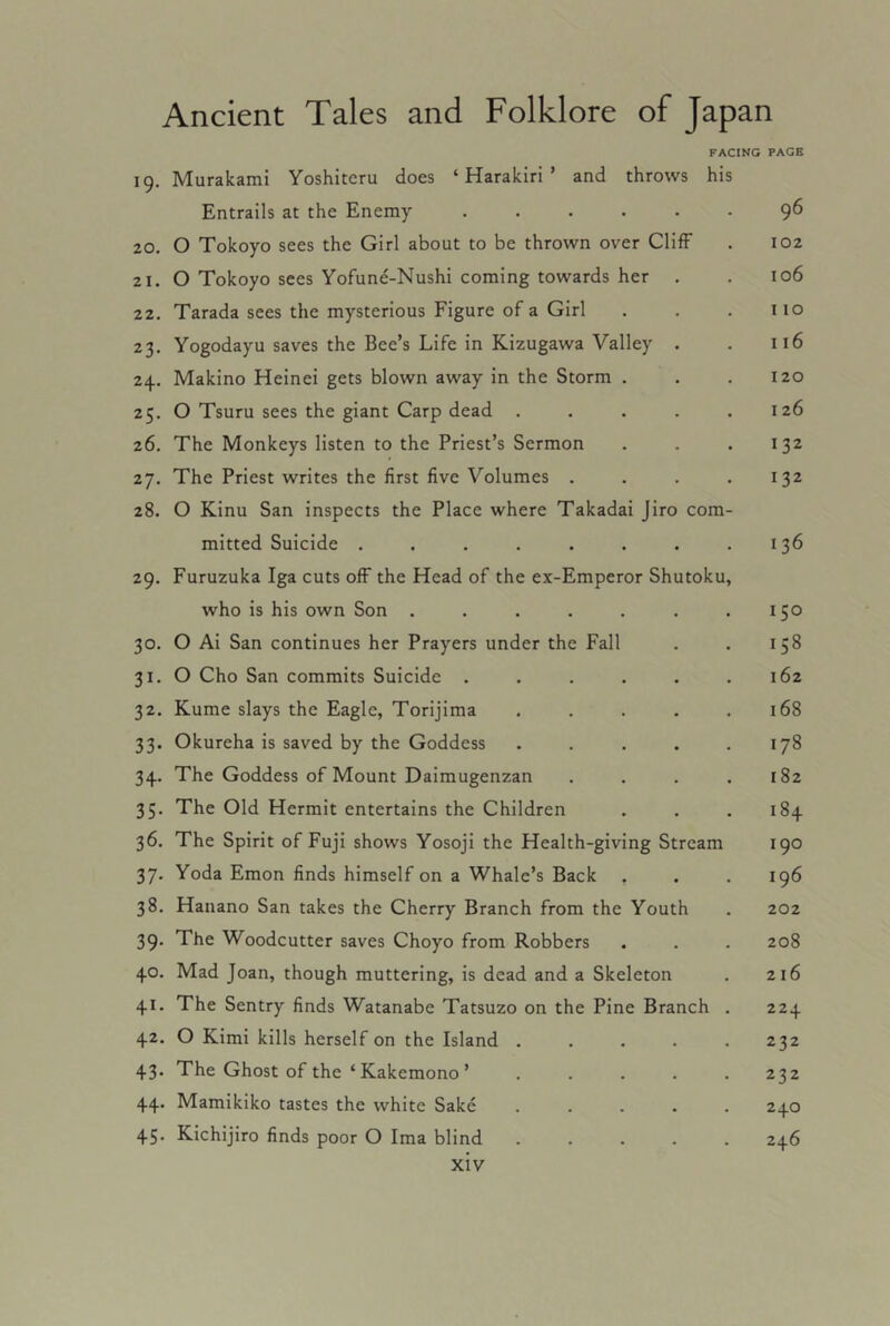 FACING PAGE 19. Murakami Yoshiteru does ‘ Harakiri ’ and throws his Entrails at the Enemy 96 20. O Tokoyo sees the Girl about to be thrown over Cliff . 102 21. O Tokoyo sees Yofune-Nushi coming towards her . . 106 22. Tarada sees the mysterious Figure of a Girl . . .110 23. Yogodayu saves the Bee’s Life in Kizugawa Valley . . 116 24. Makino Heinei gets blown away in the Storm . . .120 25. O Tsuru sees the giant Carp dead . . . . .126 26. The Monkeys listen to the Priest’s Sermon . . .132 27. The Priest writes the first five Volumes . . . .132 28. O Kinu San inspects the Place where Takadai Jiro com- mitted Suicide . . . . . . . .136 29. Furuzuka Iga cuts off the Head of the ex-Emperor Shutoku, who is his own Son . . . . . . .150 30. O Ai San continues her Prayers under the Fall . . 158 31. O Cho San commits Suicide . . . . . .162 32. Kume slays the Eagle, Torijima . . . . .168 33. Okureha is saved by the Goddess ..... 178 34. The Goddess of Mount Daimugenzan . . . .182 35. The Old Hermit entertains the Children . . .184 36. The Spirit of Fuji shows Yosoji the Health-giving Stream 190 37. Yoda Emon finds himself on a Whale’s Back . . .196 38. Hanano San takes the Cherry Branch from the Youth . 202 39- The Woodcutter saves Choyo from Robbers . . . 208 40. Mad Joan, though muttering, is dead and a Skeleton . 216 41. The Sentry finds Watanabe Tatsuzo on the Pine Branch . 224 42. O Kimi kills herself on the Island ..... 232 43. The Ghost of the ‘ Kakemono ’ ..... 232 44. Mamikiko tastes the white Sake ..... 240 45* Kichijiro finds poor O Ima blind ..... 246