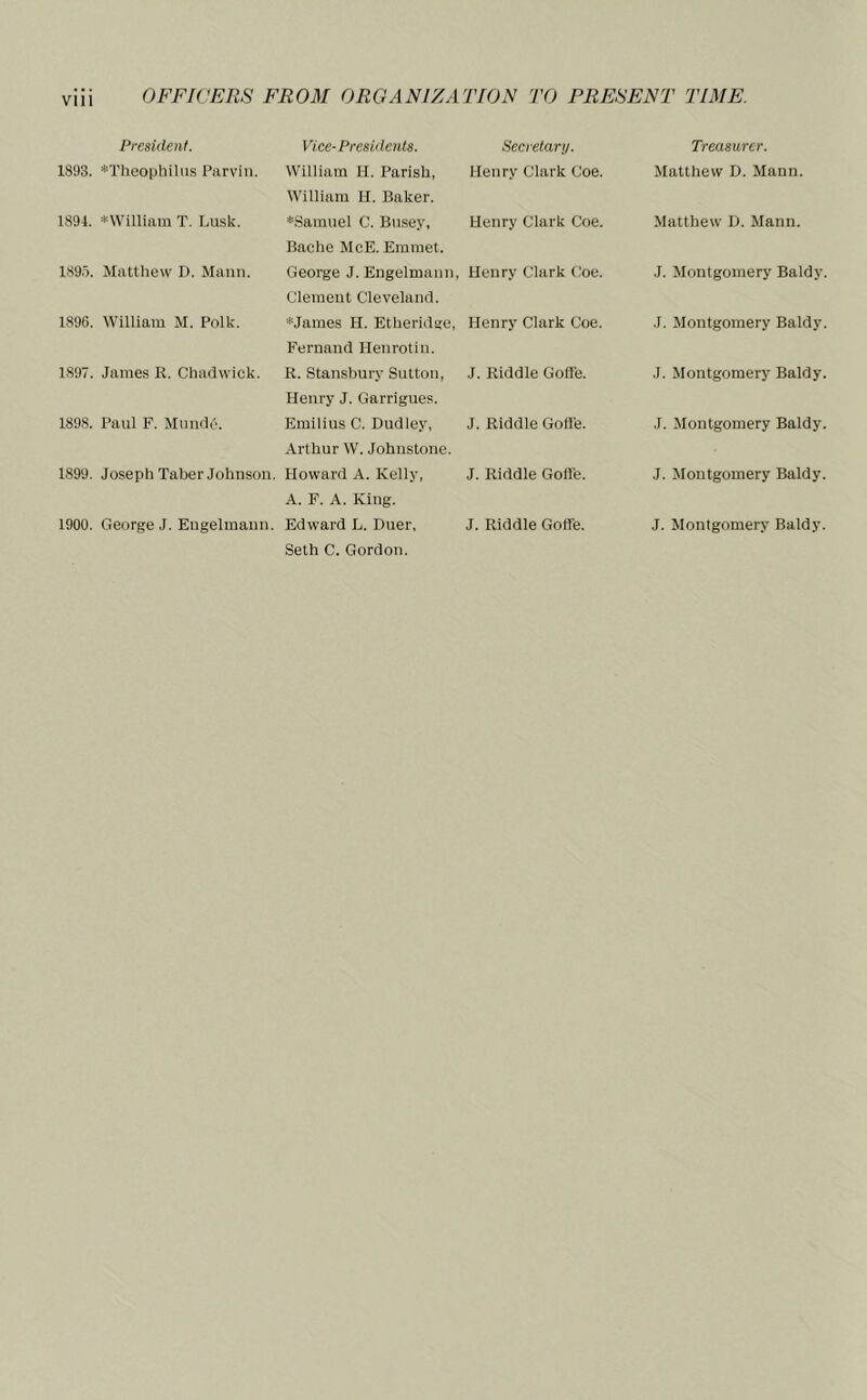 OFFICERS FROM ORGANIZATION TO PRESENT TIME. President. Vice-Presidents. Secrelanj. Treasurer. 1893. *Theophilu.s Parvin. William II. Parish, Henry Clark Coe. William H. Baker. Matthew D. Mann. 1894. *WiIliam T. Lusk. *.Samuel C. Busey, Henry Clark Coe. Bache McE. Emmet. Matthew D. Mann. 189.3. Matthew D. Mann. George J. Engelmann, Henry Clark Coe. Clement Cleveland. J. Montgomery Baldy. 1896. William M. Polk. *James H. Etheridge, Henry Clark Coe. Fernand Henrotin. .1. Montgomery Baldy. 1.897. Janies R. Chadwick. R. Stansbury Sutton, J. Riddle Goffe. Henry J. Garrigues. J. Montgomery Baldy. 1898. Paul F. MundO. Emilius C. Dudley, J. Riddle Goffe. Arthur W. Johnstone. J. Montgomery Baldy. 1899. Joseph Taber Johnson. Howard A. Kelly, J. Riddle Goffe. A. F. A. King. J. Montgomery Baldy. 1900. George J. Engelmann. Edward L. Duer, J. Riddle Goffe. Seth C. Gordon. J. Montgomery Baldy.