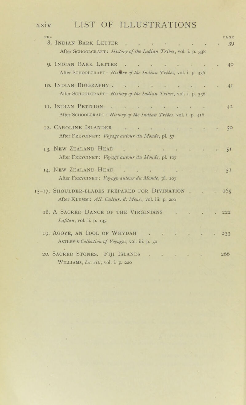 FIG. FACE 8. Indian Bark Letter 39 After ScHOOLCR.^FT : FIistory of the Indian Tribes, vol. i. p. 338 9. Indian Bark Letter 40 After Schoolcraft ; Ilis^rv of the Indian Tribes, vol. i. p. 336 10. Indian Biography 41 After Schoolcraft : History of the Indian Tribes, vol. i. p. 336 11. Indian Petition 42 After ScHOOLCR.\FT : History of the Indian Tribes, vol. i. p. 416 12. Caroline Islander 50 After pREYCiNiiT: Voyage autour du Monde, pi. 57 13. New Zealand Head 51 After FRKYClNliT: Voyage autour du Monde, pi. 107 14. New Zealand Head 51 After Freycinet : Voyage autour du Monde, p\. 107 15-17. Shoulder-blades prepared for Divination . . .165 After Klemm : All. Cultur. d. Mens., vol. iii. p. 200 18. A Sacred Dance ok the Virginians .... 222 Lafitau, vol. ii. p. 135 19. Agoye, an Idol of Whydah 233 Astley's Collectiosi of Voyages, vol. iii. p. 50 2c. Sacred Stones. Fiji Islands 266 Williams, he. cit., vol. i. p. 220