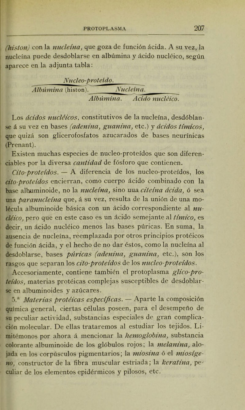 (histou) con la nucleína, que goza de función ácida. A su vez, la nucleína puede desdoblarse en albúmina y ácido nucleico, según aparece en la adjunta tabla: Núcleo-proteldo. Albúmina (histon). Nucleína. Albúmina. Acido nucléico. Los ácidos nucJéicos, constitutivos de la nucleína, desdóblan- se á su vez en bases (adeniiia, guanina, etc.) y ácidos túnicos, que quizá son glicerofosfatos azucarados de bases neurínicas (Prenant). Existen muchas especies de nucleo-proteídos que son diferen- ciables por la diversa cantidad de fósforo que contienen. Cito-proteidos. — A diferencia de los nucleo-proteídos, los cito-proteidos encierran, como cuerpo ácido combinado con la base alhiiminoide, no la nucleína, sino uua citeina ácida, ó sea una paranucleína que, á su vez, resulta de la unión de una mo- lécula albuminoide básica con un ácido correspondiente al mi- cléico, pero que en este caso es un ácido semejante al túnico, es decir, un ácido nucléico menos las bases púricas. En suma, la ausencia de nucleína, reemplazada por otros principios protéicos de función ácida, 5^ el hecho de no dar éstos, como la nucleína al desdoblarse, bases púricas (adenina, guanina, etc.), son los rasgos que separan los cito-proteidos de los nucleo-proteídos. Accesoriamente, contiene también el protoplasma glico-pro- teídos, materias protéicas complejas susceptibles de desdoblar- se en albuminoides y azúcares. 5.*^ Materias protéicas específicas. — Aparte la composición química general, ciertas células poseen, para el desempeño de su peculiar actividad, substancias especiales de gran complica- ción molecular. De ellas trataremos al estudiar los tejidos. Li- mitémonos por ahora á mencionar la hemoglobina, substancia colorante albuminoide de los glóbulos rojos; la melanina, alo- jada en los corpúsculos pigmentarios; la miosina ó el miosige- no, constructor de la fibra muscular estriada; la keratina, pe- culiar de los elementos epidérmicos y pilosos, etc.