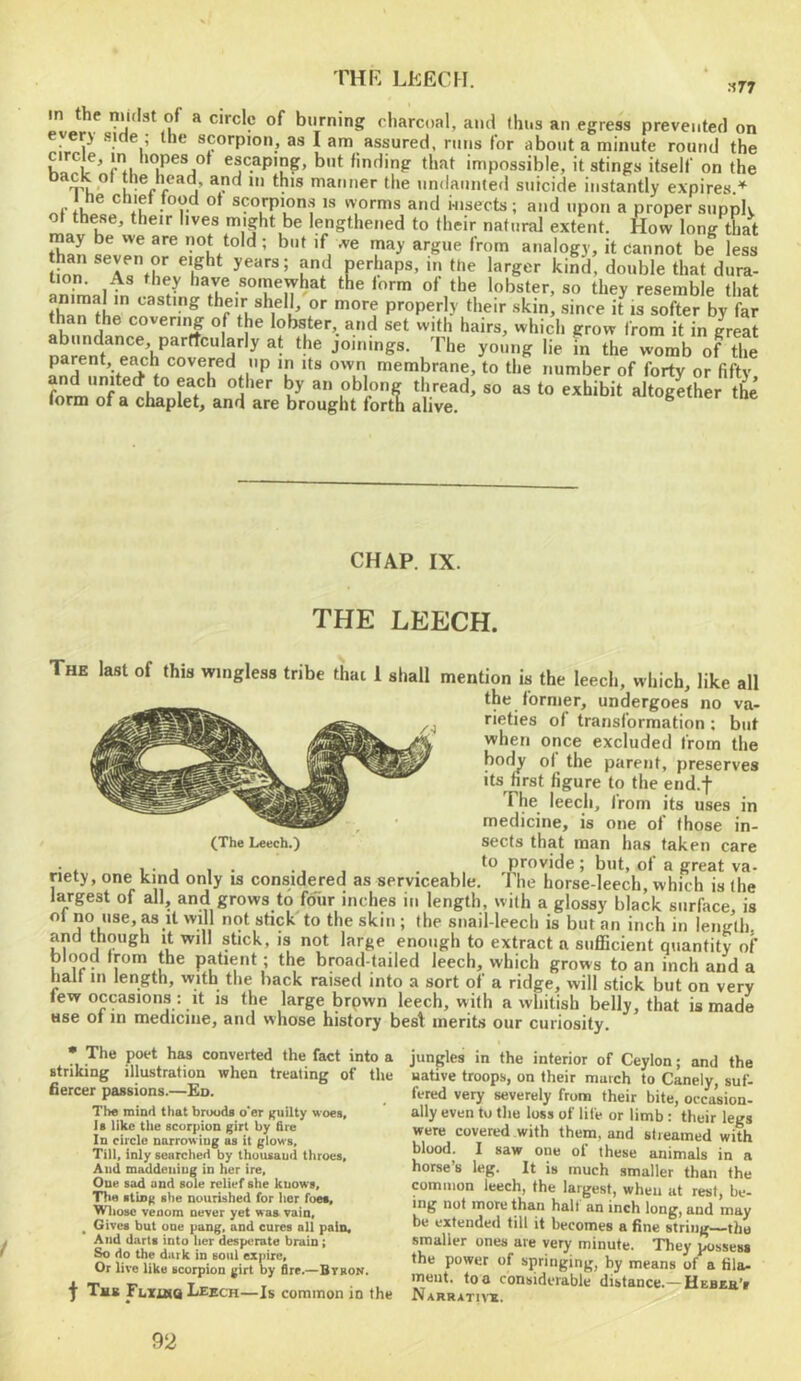 »77 m the n'l'Ist of a circle of burning charcoal, and thus an egress prevented on eveo side ; the scorpion, as I am assured, runs for about a minute round the escapmp:, but finding that impossible, it stings itself on the ” f • Pf ® j’ ^9'® niafner the undaunted suicide instantly expires.* ♦k • r worms and wisects; and upon a proper supply these, their lives might be Ipgthened to their natnrd extent. How long that may be we are not told; but if we may argue from analogy, it cannot be less than seven or eight years; and perhaps, in the larger kind, double that dura- an;m=,]fn ’7 t^e form of the lobster, so they resemble that u ‘•leir skin, since it is softer by far than the covering of the lobster, and set with hairs, which grow from it in great 7 ^ JOi>ngs- The young lie in the womb of the nnd ^ covered up in its own membrane, to the number of forty or fifty CHAP. IX. THE LEECH. The last of this wingless tribe that 1 shall mention is the leech, which, like all the former, undergoes no va- rieties of transformation; but when once excluded from the bo(^ of the parent, preserves its first figure to the end.f The leech, from its uses in medicine, is one of those in- sects that man has taken care fc ^provide ; but, of a great va- (The Leech.) . !• j I • , . i->iwviuc, uiu, oi a great va- riety, one kind only is considered as serviceable. The horse-leech which is the largest of all, and grows to fdiir inches in length, with a glossy black surface, is oi no use, as It will not stick to the skin ; the snail-leech is but an inch in length, and though it will stick, is not large enough to extract a sufficient quantity of blood from the patient; the broad-tailed leech, which grows to an inch and a half in length, with the back raised into a sort of a ridge, will stick but on very few occasions : It is the large brpwn leech, with a whitish belly, that is made use oi in medicine, and whose history best merits our curiosity. • The poet has converted the fact into a striking illustration when treating of the 6ercer passions.—£o. The roinri that bruodi o'er guilty woes. Is like the scorpion girt by fire In circle narrowing as it glows. Till, inly searched by thuusaud throes. And maddeiiiug in her ire. One sad and sole relief she kuows. The sting she nourished for lier foes, Wliose venom never yet waa vain, ^ Gives but oue pang, and cures all pain. And darts into lier desperate brain; So do the dark in soul expire. Or live like scorpion girt by Are.—Btron. ^ Thb Fluho Leech—Is conunon in the jungles in the interior of Ceylon; and the uative troops, on their march to Canely, suf- fered very severely from their bite, occasion- ally even to the loss of life or limb : their legs were covered with them, and streamed with blood. I saw one of these animals in a horse’s leg. It is much smaller than the common leech, the largest, when at rest, be- ing not more than hall an inch long, and may be extended till it becomes a fine string-—the smaller ones are very minute. They possess the power of springing, by means of a fila- ment. too considerable distance.—Hebar’i NaRRATI>'X. 92