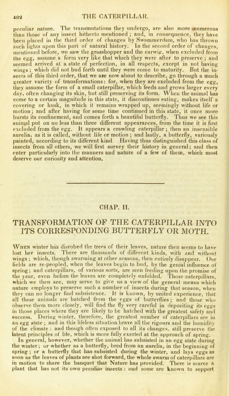peculiar nature. The transmutations they undergo, are also more ^numerous than those of anv insect hitherto mentioned ; and, in consequence, they have been placed in the third order of changes by Swammerdam, who has thrown such lights upon this part of natural history. In the second order of changes, mentioned before, we saw the grasshopper and the earwig, when excluded from the egg, assume a form very like that which they were after to preserve ; and seemed arrived at a state of perfection, in all respects, except in not having wings ; which did not bud forth until they were come to maturity. But the in- sects of this third order, that we are now about to describe, go through a much greater variety of transformations: for, when they are excluded from the egg, they assume the form of a small caterpillar, which feeds and grows larger every day, often changing its skin, but still preserving its form. When the animal has come to a certain magnitude in this state, it discontinues eating, makes itself a covering or husk, in which it remains wrapped up, seemingly without life or motion; and after having for some time continued in this state, it once more bursts its confinement, and comes forth a beautiful butterfly. Thus we see this animal put on no less than three different appearances, from the time it is first excluded from the egg. It appears a crawling caterpillar; then an insensible aurelia, as it is called, without life or motion ; and lastly, a butterlly, variously painted, according to its difierent kind. Having thus distinguished this class of insects from all others, we will first survey their history in general; and then enter particularly into the manners and nature of a few of them, which most deserve our curiosity and attention. CHAP. II. TRANSFORMATION OF THE CATERPILLAR INTO ITS CORRESPONDING BUTTERFLY OR MOTH. When winter has disrobed the trees of their leaves, nature then seems to have lost her insects. There are thousands of different kinds, with and without wings ; which, though swarming at other seasons, then entirely disappear. Our fields are re-peopled, when the leaves begin to bud, by the genial influence of spring; and caterpillars, of various sorts, are seen feeding upon the promise of the year, even before the leaves are completely unfolded. Those caterpillars, which we then see, may serve to give us a view of the general means which nature employs to preserve such a number of insects during that season, when they can no longer find subsistence. It is known, by united experience, that all these animals are hatched from the eggs of butterflies ; and those who observe them more closely, will find the fly very careful in depositing its eggs in those places where they are likely to be hatched with the greatest safety ami success. During winter, tlierefore, the greatest number of caterpillars are in an egg state ; and in this lifeless situation brave all the rigours and the humidity of the climate : and though often exposed to all its changes, still preserve the latent principles of life, which is more fully exerted at the approach of spring. In general, however, whether the animal has subsisted in an egg state during the winter; or whether as a butterfly, bred from an aurelia, in the beginning of spring ; or a butterfly that has subsisted during the winter, and lays eggs as soon as the leaves of plants are shot forward, the whole swarm of caterpillars are in motion to share the banquet that Nature has provided. There is scarce a plant that has nut its own peculiar insects : and some are known to support