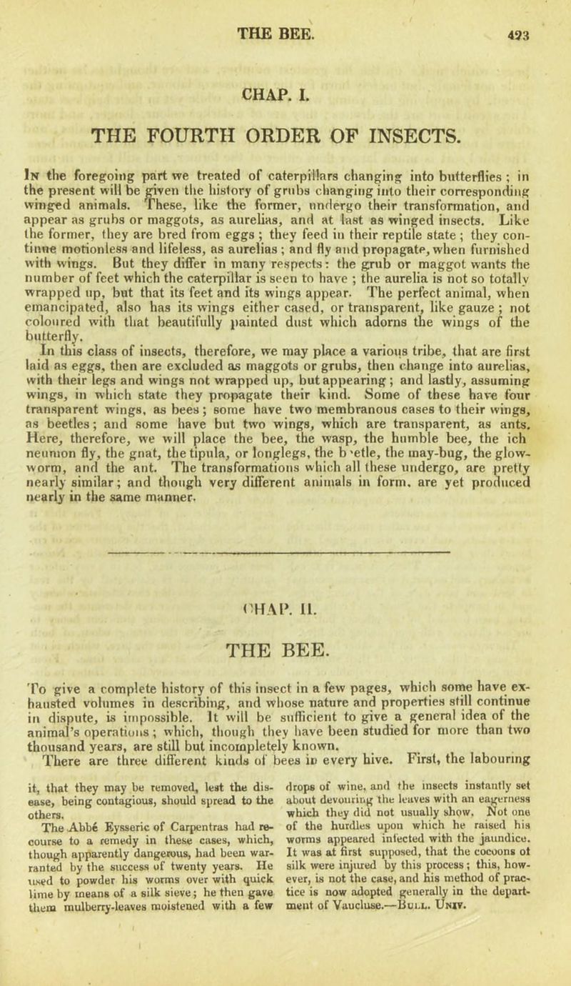 CHAP. I. THE FOURTH ORDER OF INSECTS. In the foregroing part we treated of caterpillars changing into butterflies ; in the present will be given the history of grabs changing into their corresponding whiged animals. These, like the former, undergo their transformation, and appear as grubs or maggots, as aurelias, and at last as winged insects. Like the former, they are bred from eggs ; they feed in their reptile state ; they con- tinne motionless and lifeless, as aurelias ; and fly and propagate, when furnished with wings. But they differ in many respects: the grub or maggot wants the number of feet which the caterpillar is seen to have ; the aurelia is not so totally wrapped up, but that its feet and its wings appear. The perfect animal, when emancipated, also has its wings either cased, or transparent, like gauze ; not coloured with that beautifully painted dust which adorns the wings of the butterfly^. In this class of insects, therefore, we may place a various tribe, that are first laid as eggs, then are excluded as maggots or grubs, then clxange into aurelias, with their legs and wings not wrapped up, but appearing; and lastly, assuming wings, in which state they propagate their kind. Some of these have four transparent wings, as bees; some have two membranous cases to their wings, as beetles; and some have but two wings, which are transparent, as ants. Here, therefore, we will place the bee, the wasp, the humble bee, the ich neunion fly, the gnat, the tipula, or longlegs, the b 'etle, the may-bug, the glow- worm, and the ant. The transformations which all these undergo, are pretty nearly similar; and though very different animals in form, are yet produced nearly in the same manner. (TlAl*. U. THE BEE. To give a complete history of this insect in a few pages, which some have ex- hausted volumes in describing, and whose nature and properties still continue in di.spute, is impossible. It will be sufficient to give a general idea of the animal’s operations; which, though they have been studied for more than two thousand years, are still but incompletely known. There are three different kinds of bees in every hive. First, the labouring drops of wine, and the insects instantly set about devouring the leaves with an eagerness which they did not usually show. Not one of the hurdles upon which he raised his worms appeared infected with the jaundice. It was at first supposed, that the cocoons ot silk were injiured by this process; this, how- ever, is not the case, and his method of prac- tice is now adopted generally in the depart- ment of Vaucluse.—Bui.l. Unit. it, that they may be removed, lest the dis- ease, being contagious, should spread to the others. The Abb6 Eysseric of Carpentras had re- course to a remedy in these coses, which, though apparently dangerous, had been war- ranted by the success of twenty years. He toied to powder his worms over with quick lime by means of a silk sieve; he then gave tliem mulberry-leaves moistened with a few